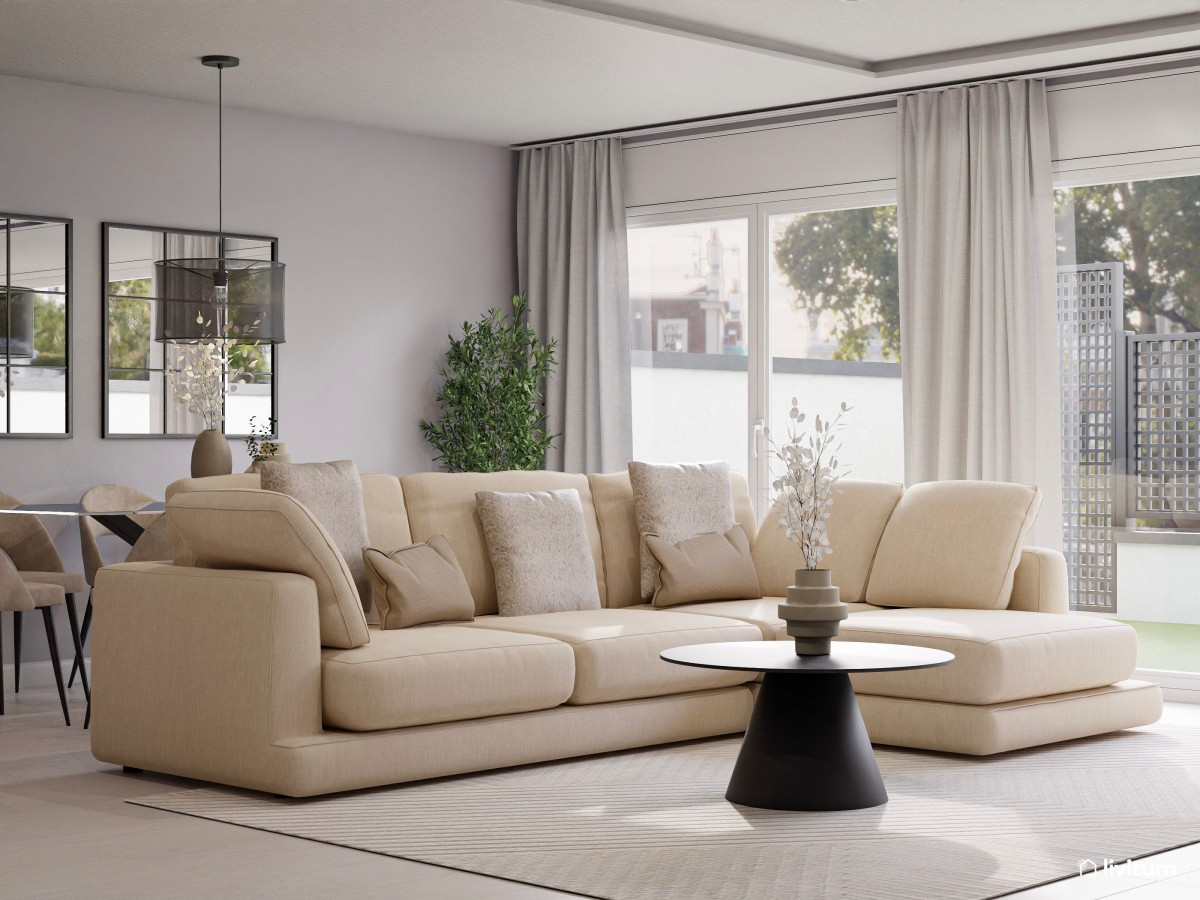 Elegante salón en gris comedor con zona de escritorio