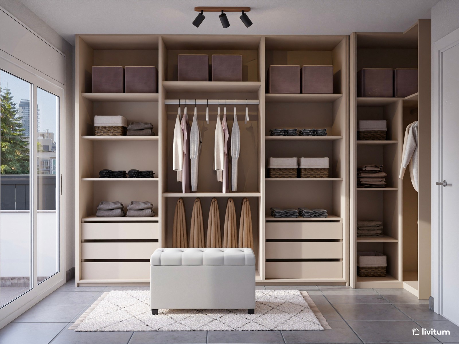 Elegante vestidor con mucho espacio de almacenaje