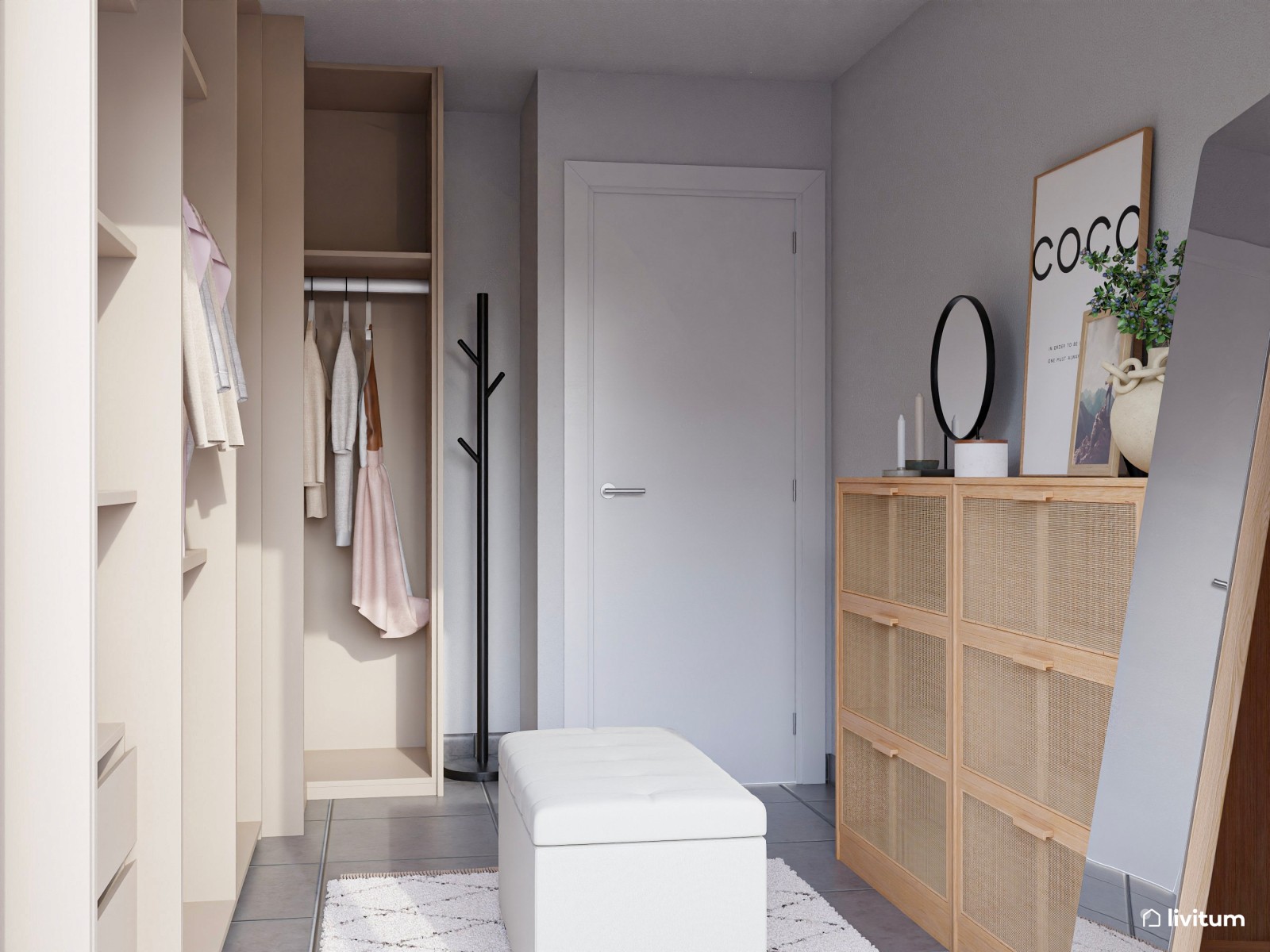 Elegante vestidor con mucho espacio de almacenaje