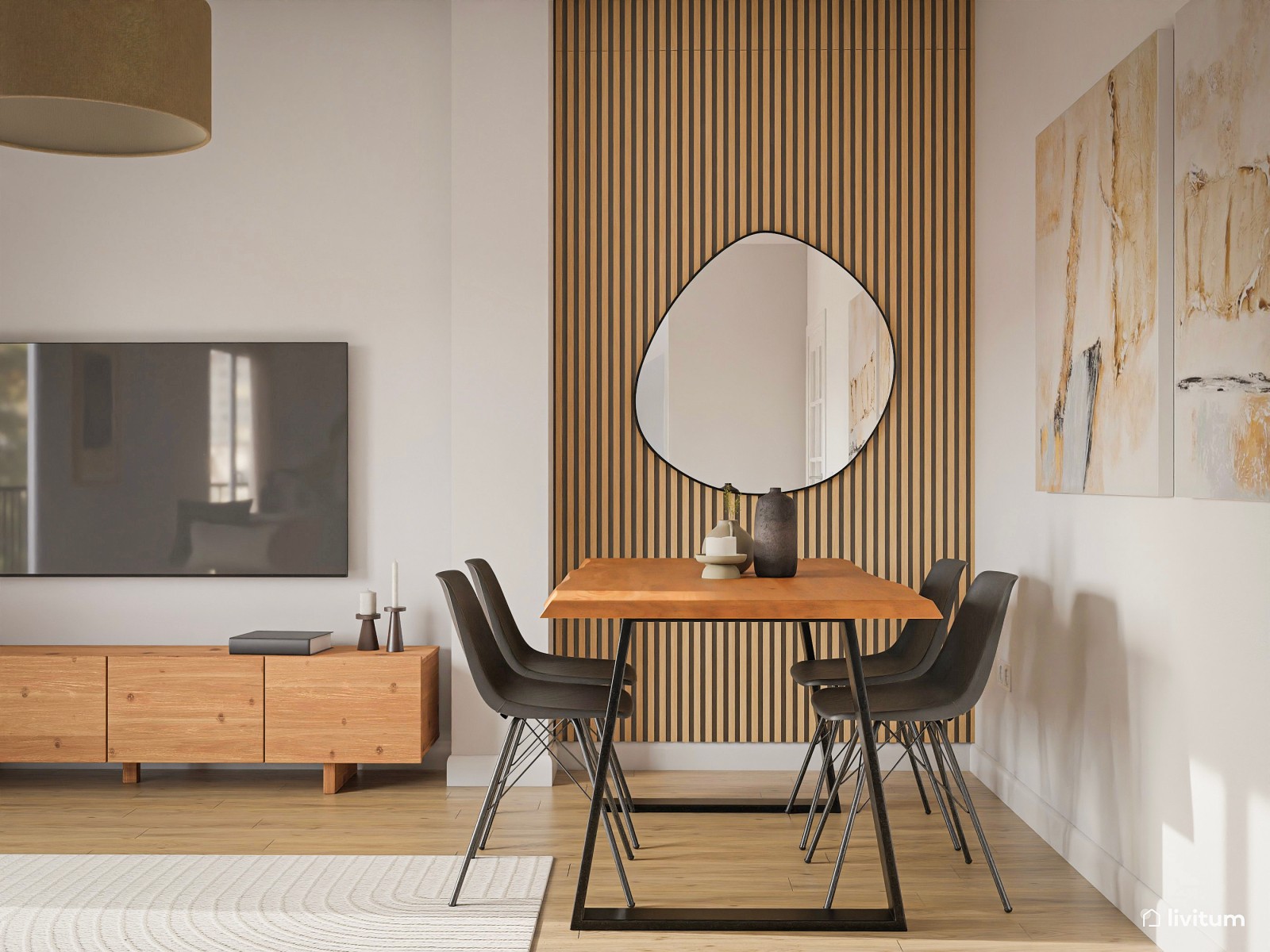 Elegante y acogedor salón comedor en tonos neutros 