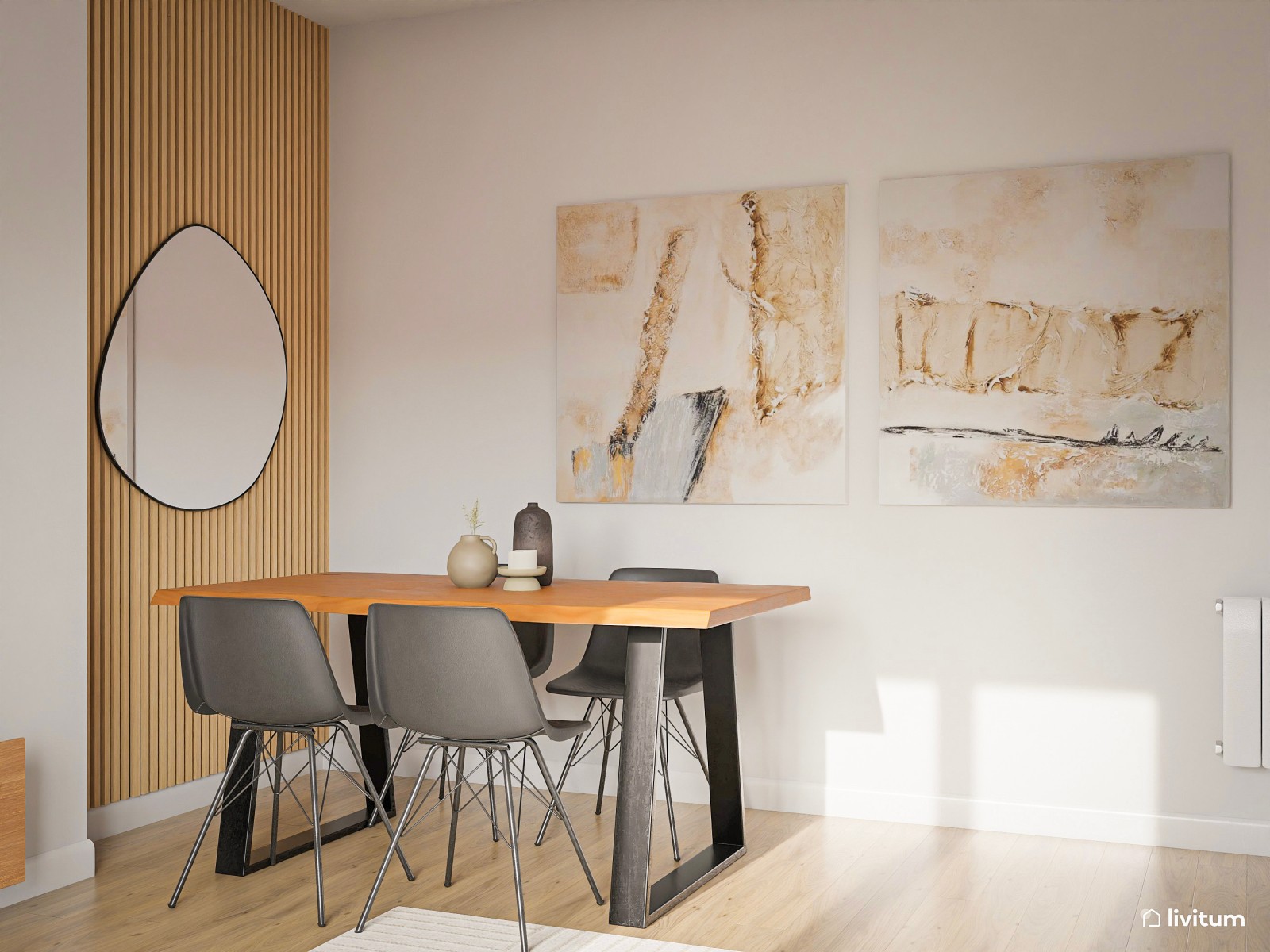 Elegante y acogedor salón comedor en tonos neutros 