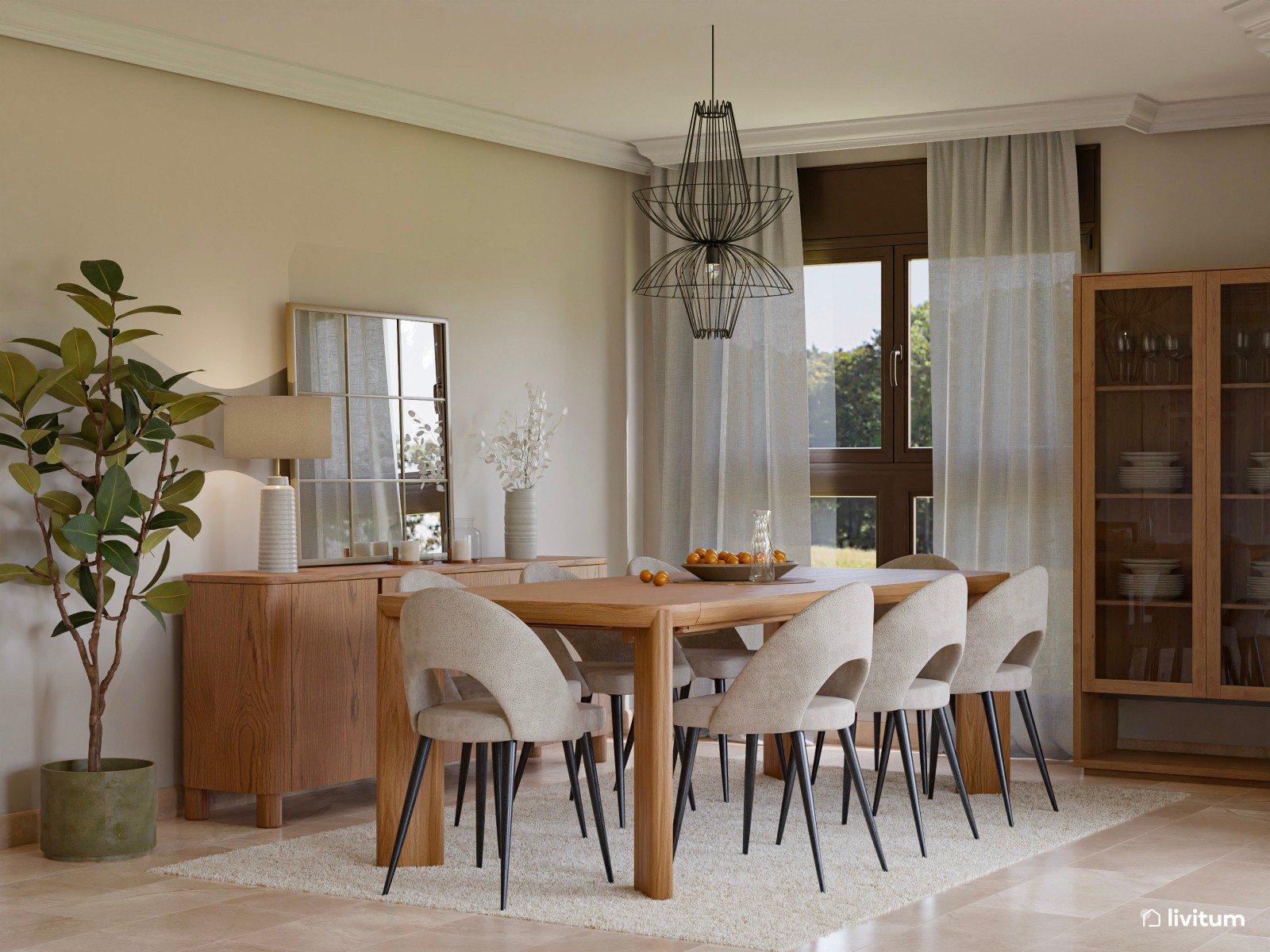 Elegante y amplio salón comedor en tonos neutros y toques vegetales