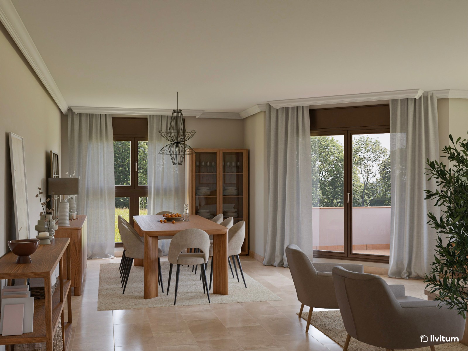 Elegante y amplio salón comedor en tonos neutros y toques vegetales