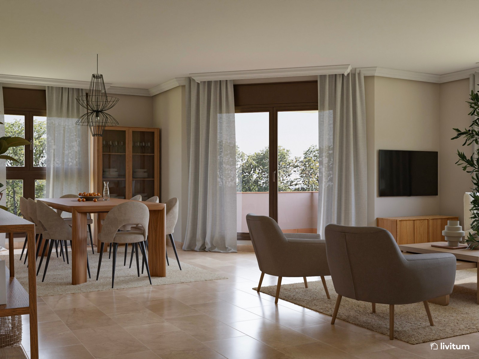 Elegante y amplio salón comedor en tonos neutros y toques vegetales