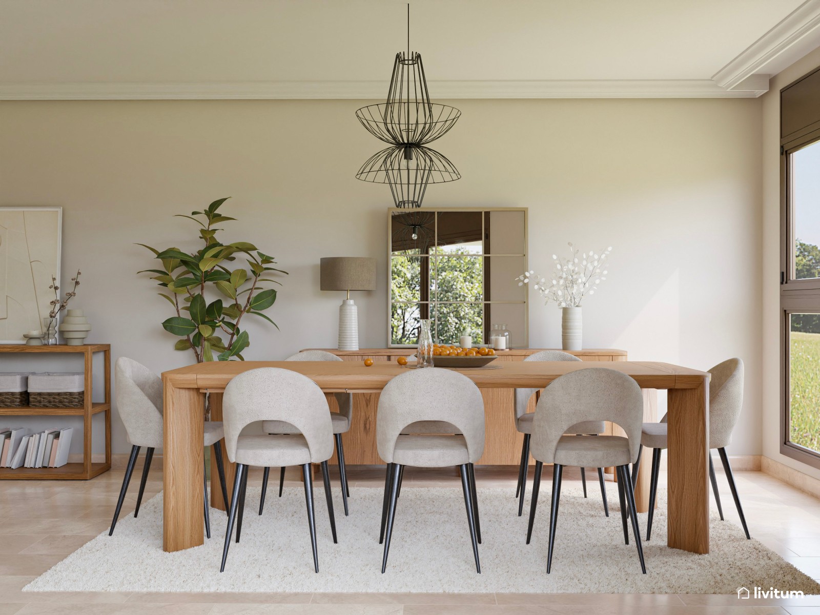 Elegante y amplio salón comedor en tonos neutros y toques vegetales