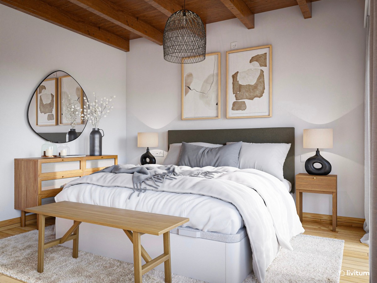 Elegante y cálido dormitorio doble con espacio de trabajo