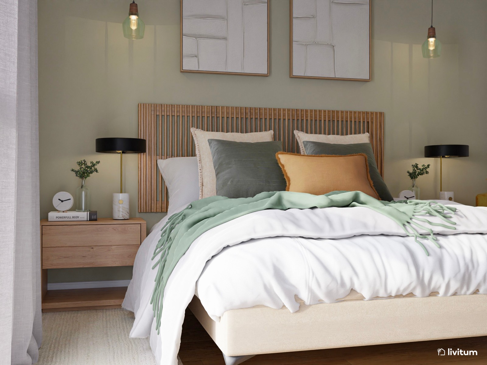 Elegante y cálido dormitorio en madera y verde