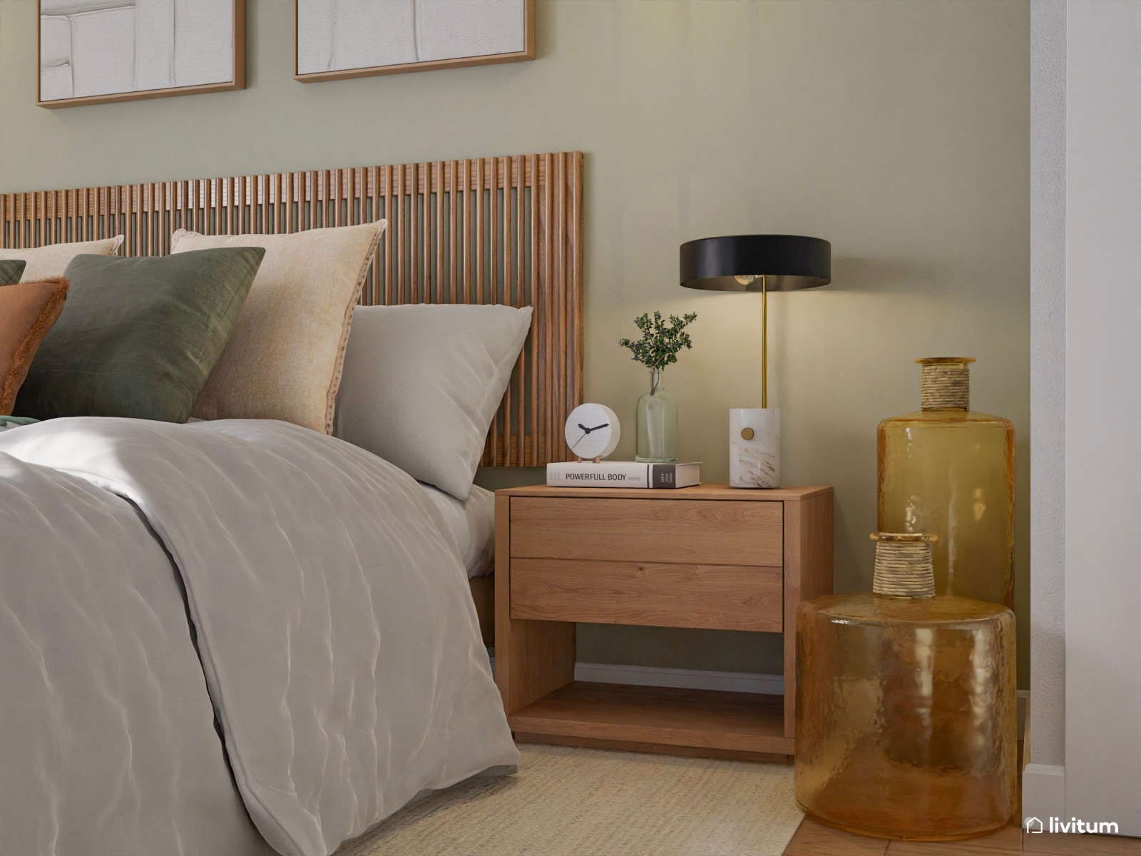 Elegante y cálido dormitorio en madera y verde