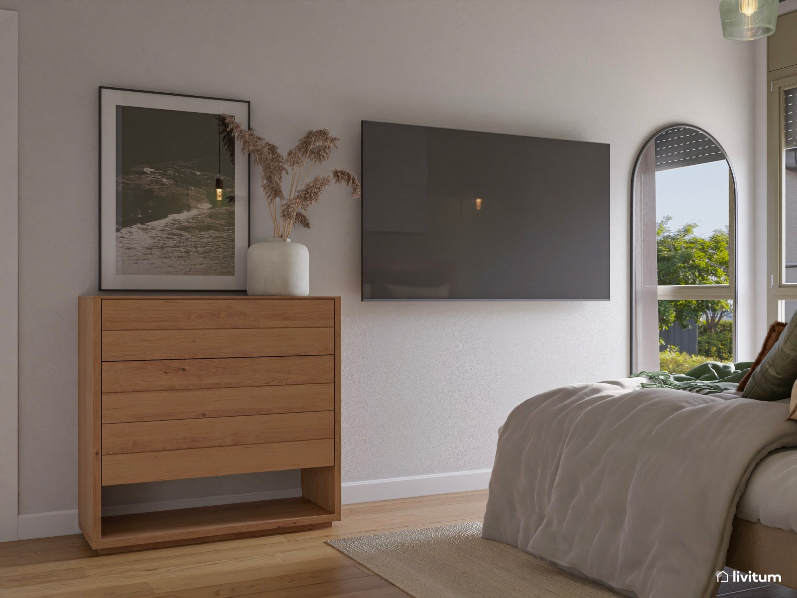 Elegante y cálido dormitorio en madera y verde