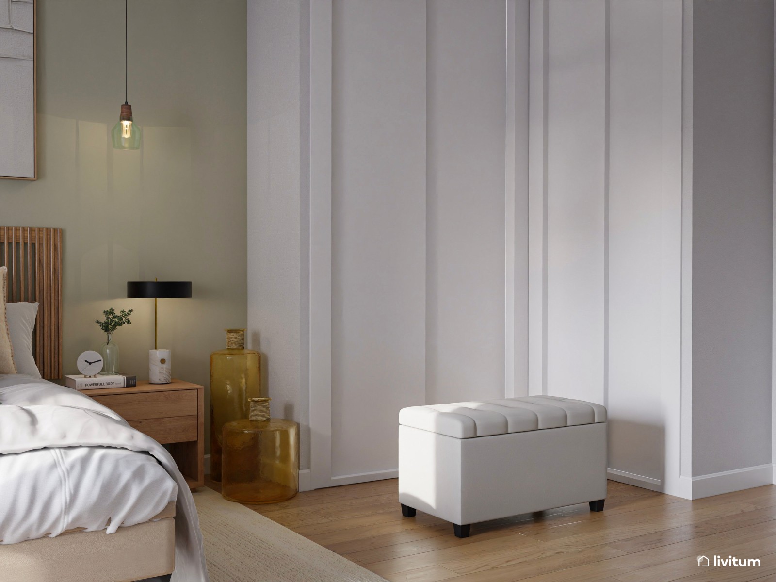 Elegante y cálido dormitorio en madera y verde