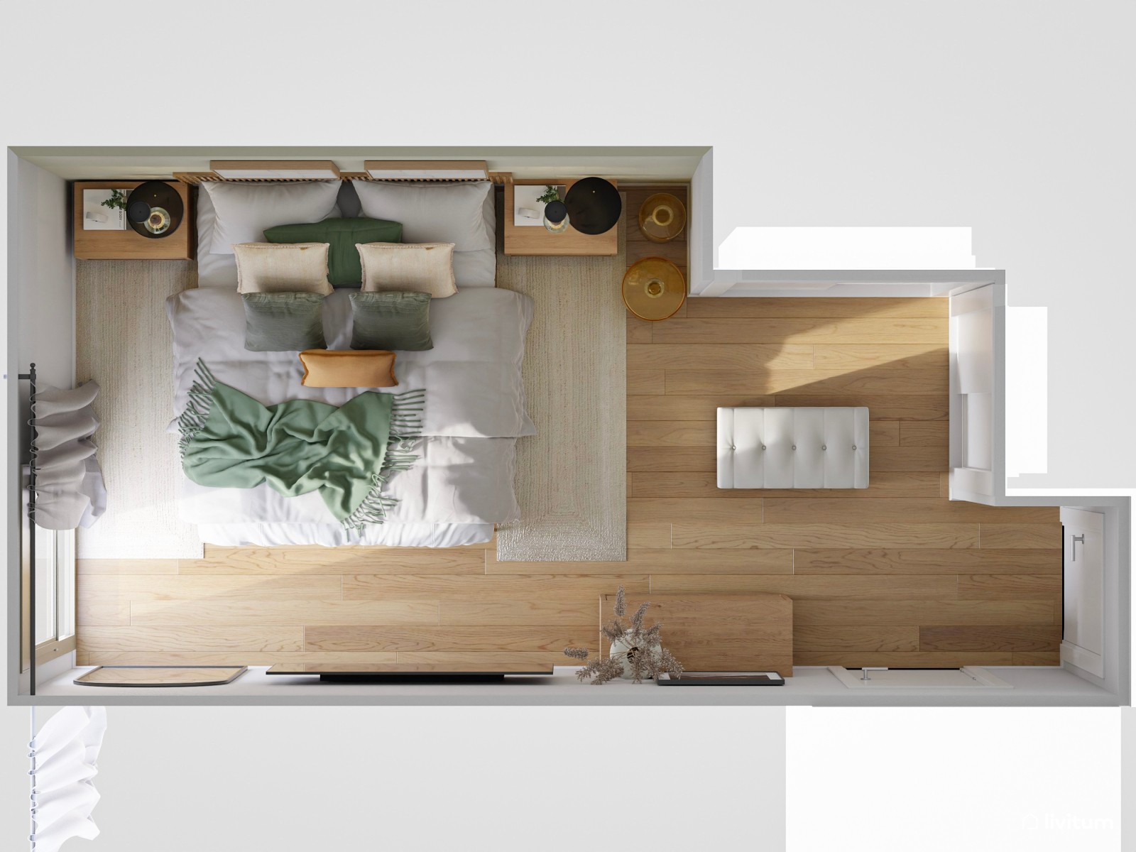 Elegante y cálido dormitorio en madera y verde