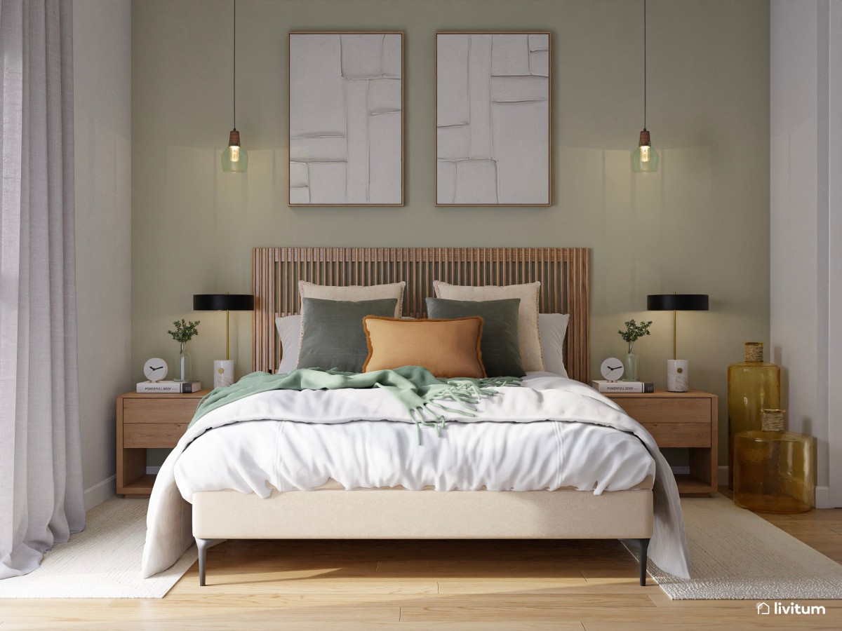 Elegante y cálido dormitorio en madera y verde