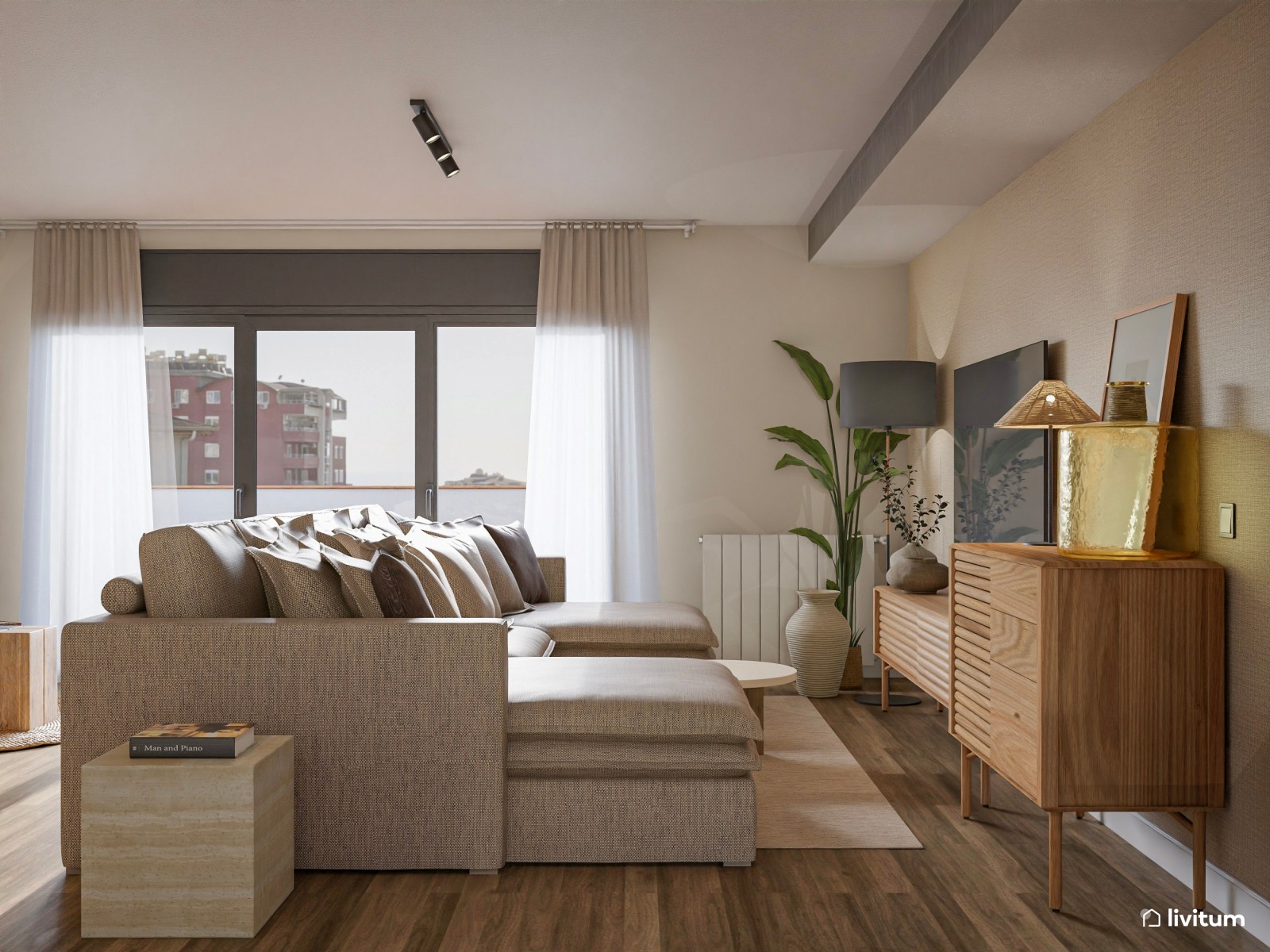 Elegante y cálido salón comedor con mesa redonda y zona de lectura 