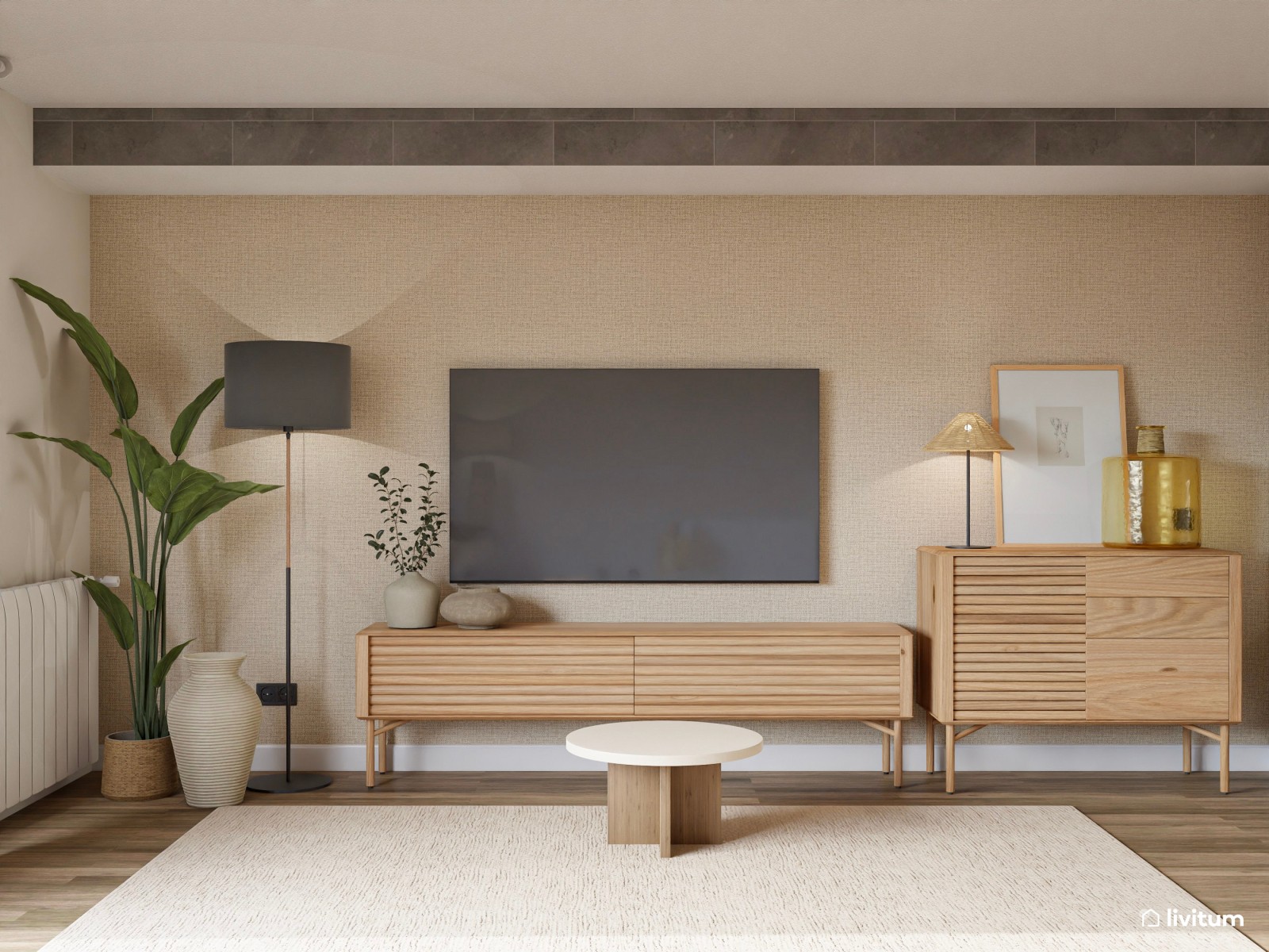 Elegante y cálido salón comedor con mesa redonda y zona de lectura 