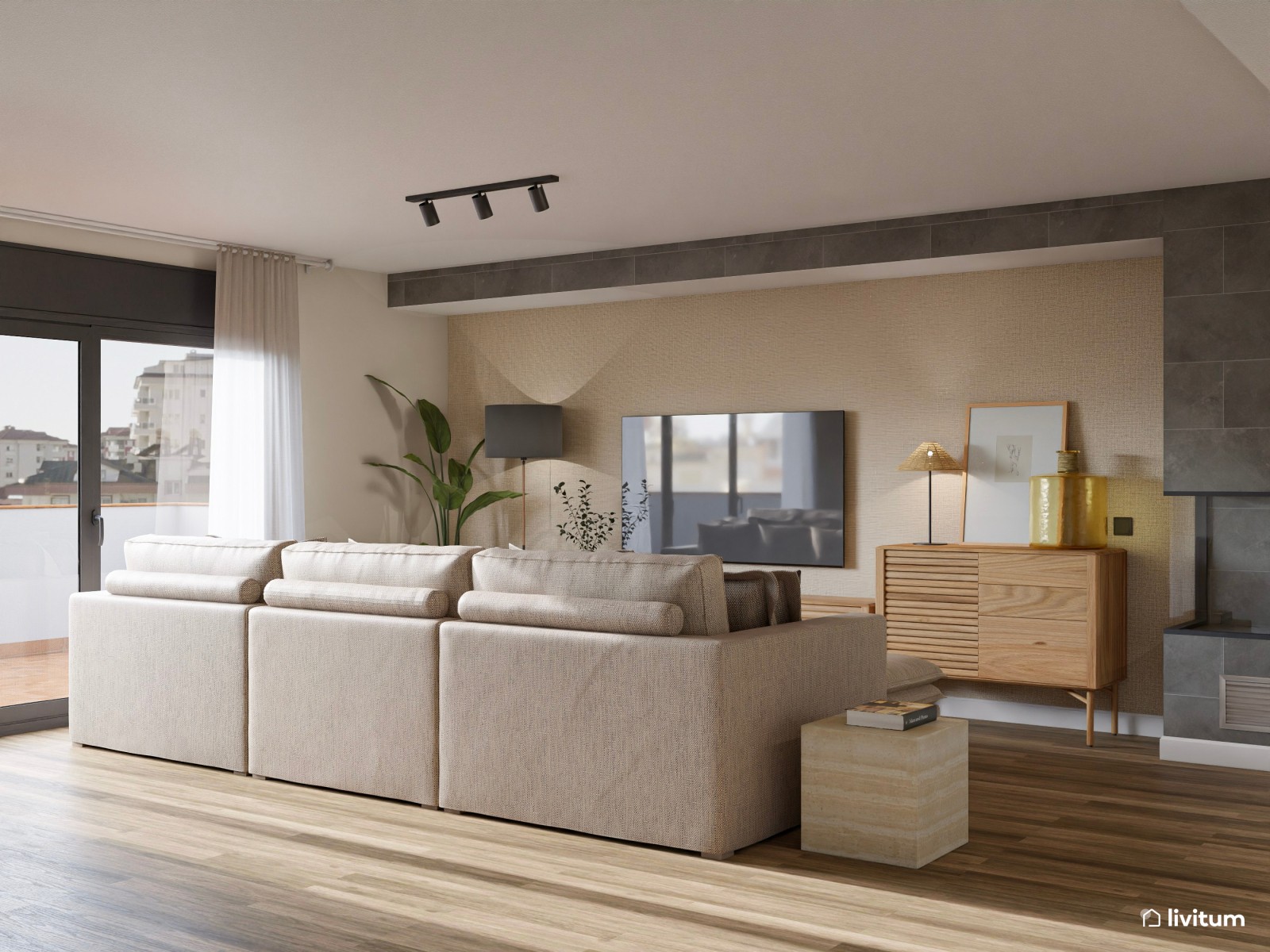 Elegante y cálido salón comedor con mesa redonda y zona de lectura 