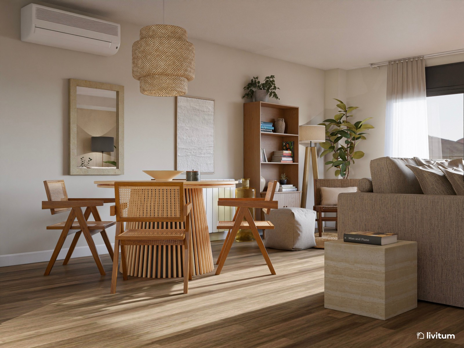 Elegante y cálido salón comedor con mesa redonda y zona de lectura 