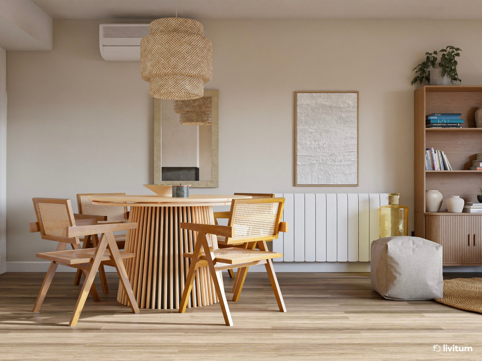 Elegante y cálido salón comedor con mesa redonda y zona de lectura 