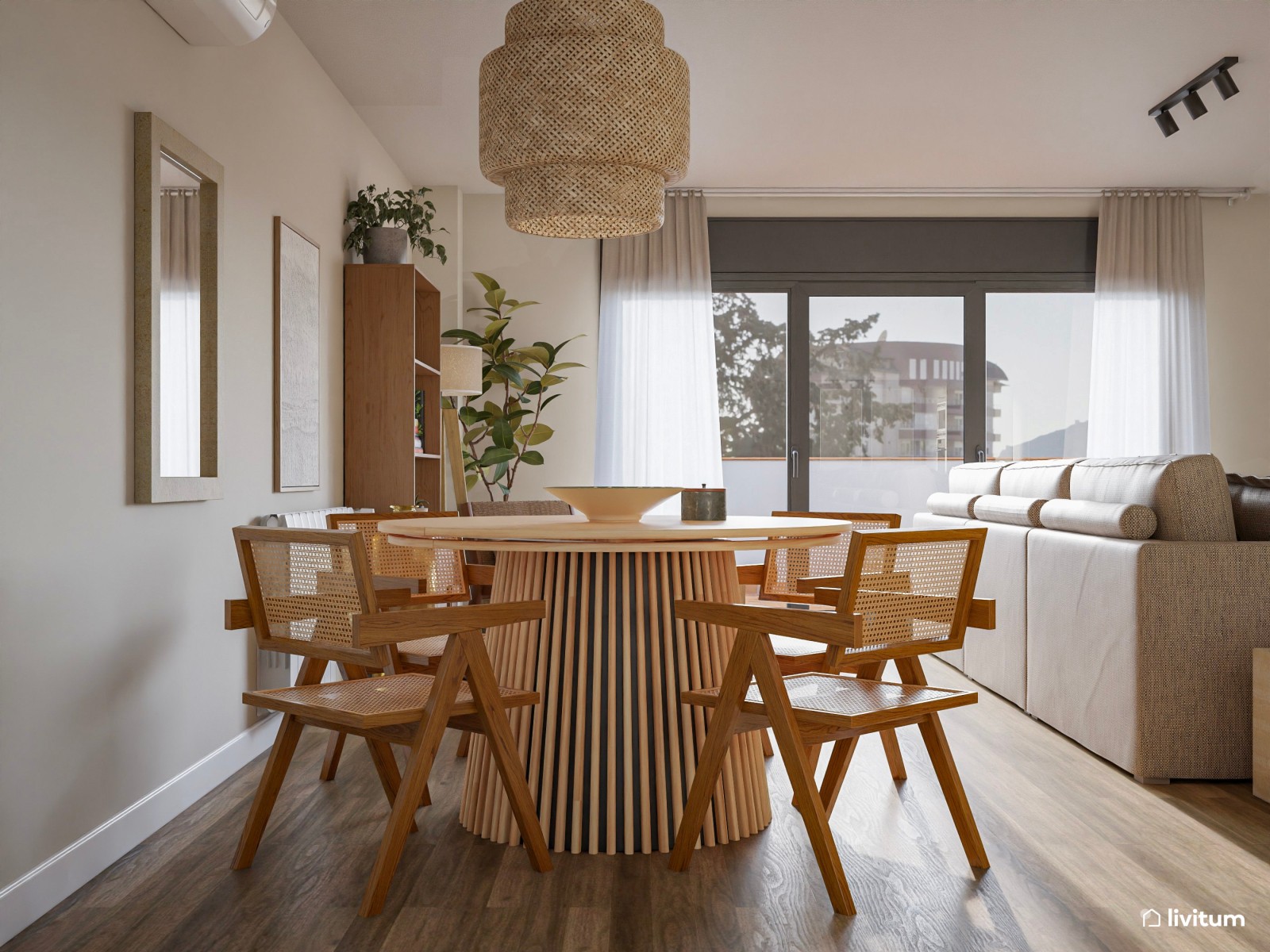 Elegante y cálido salón comedor con mesa redonda y zona de lectura 