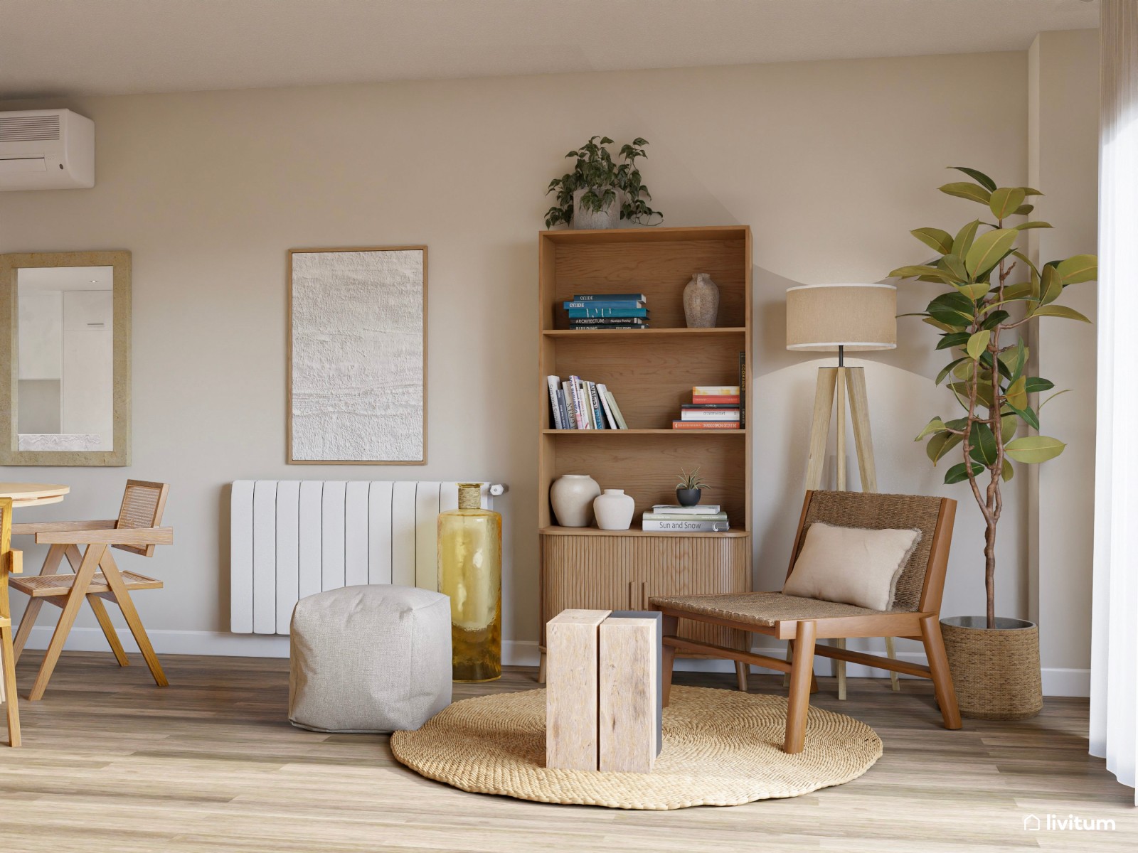 Elegante y cálido salón comedor con mesa redonda y zona de lectura 