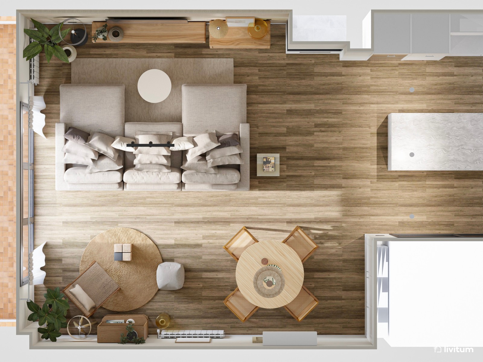 Elegante y cálido salón comedor con mesa redonda y zona de lectura 