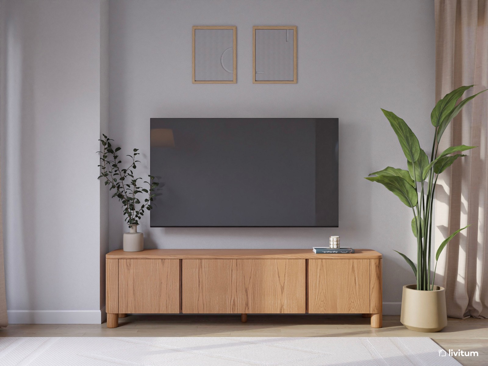 Elegante y estiloso salón comedor nórdico con cocina y recibidor 