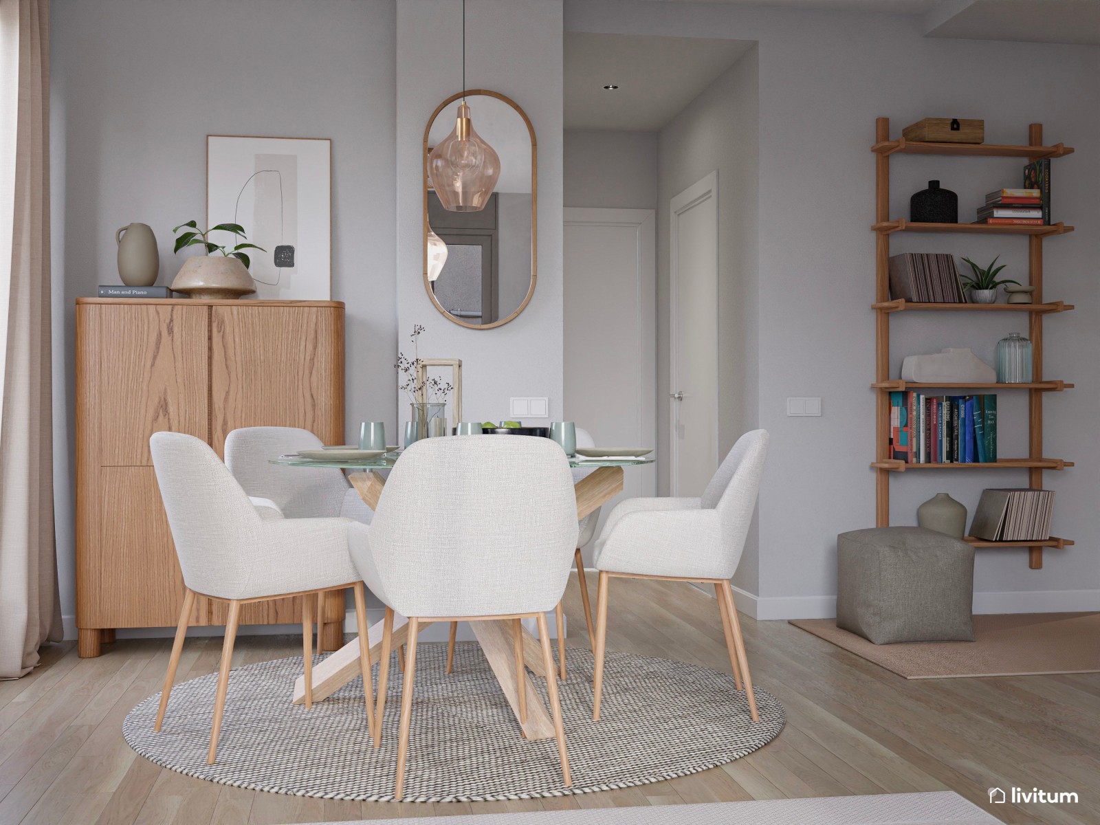 Elegante y estiloso salón comedor nórdico con cocina y recibidor 