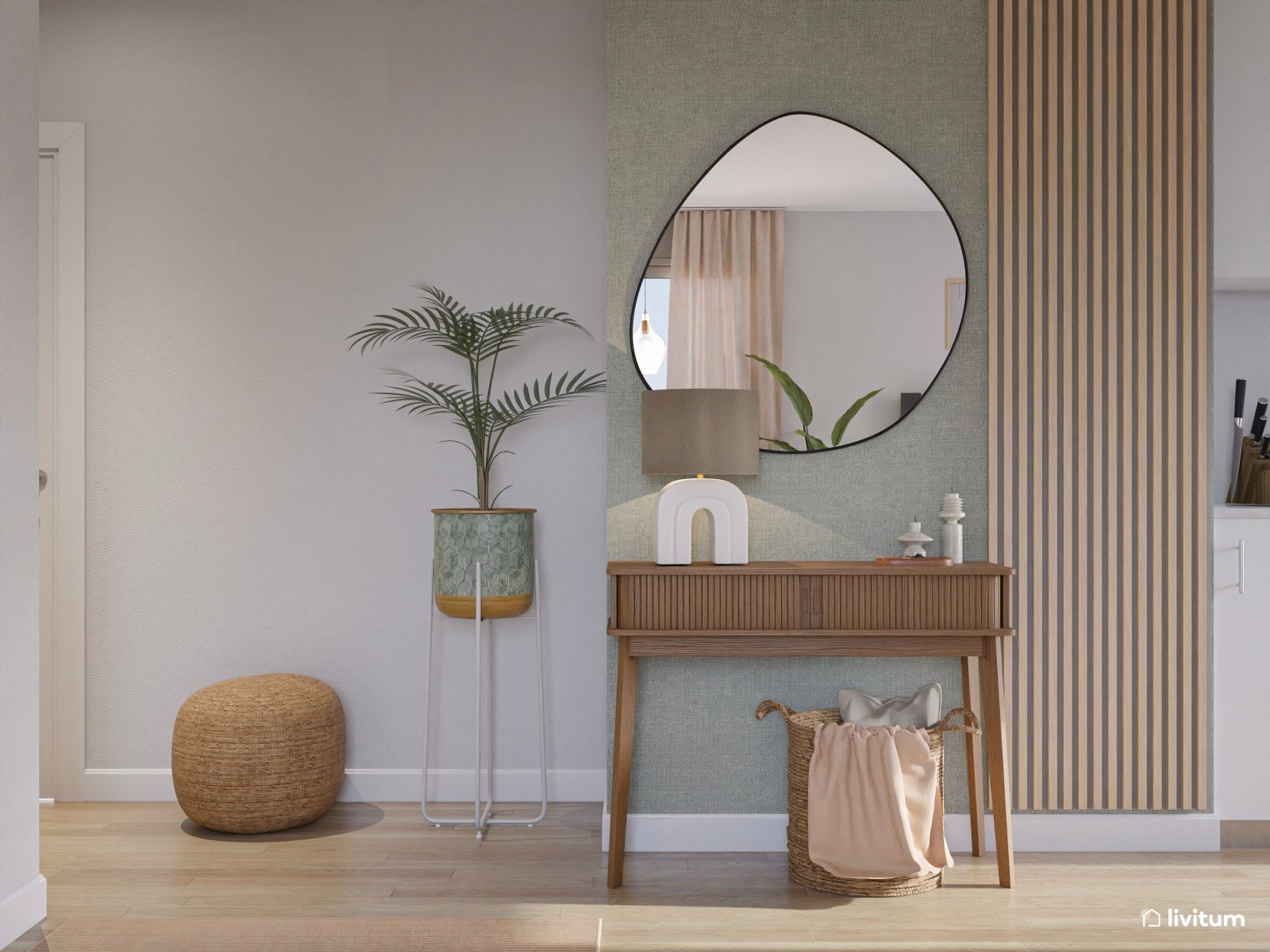 Elegante y estiloso salón comedor nórdico con cocina y recibidor 