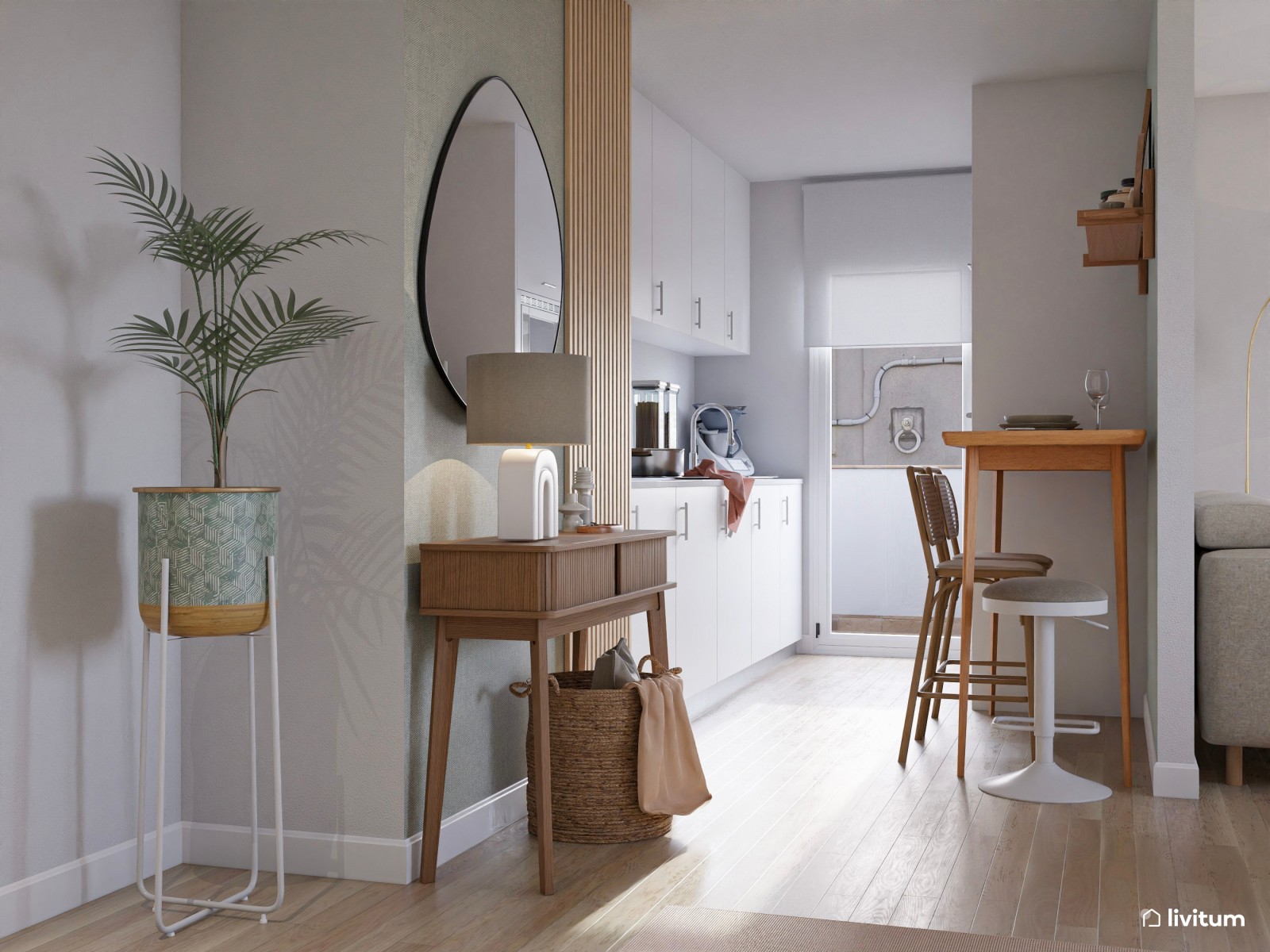 Elegante y estiloso salón comedor nórdico con cocina y recibidor 