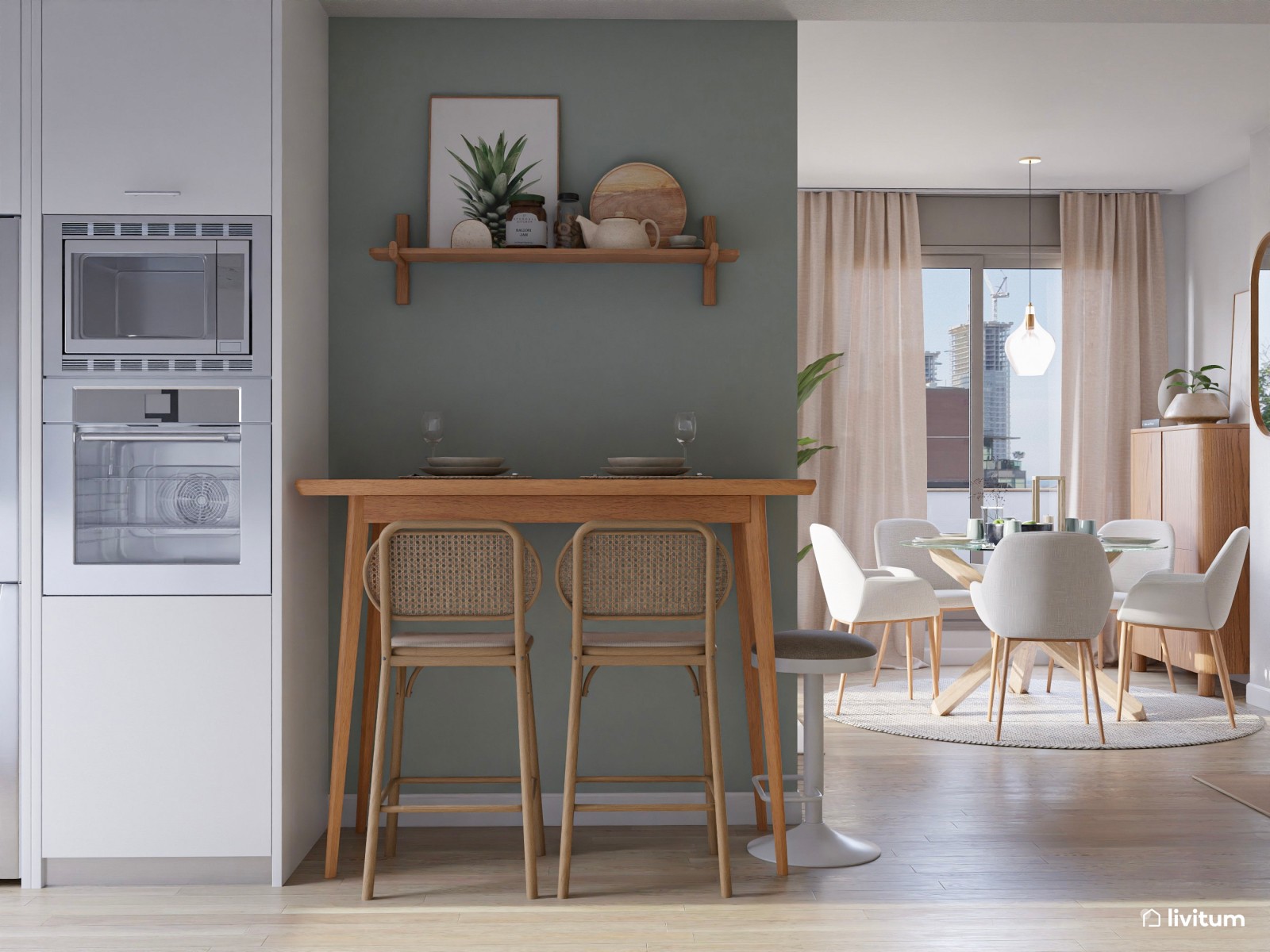 Elegante y estiloso salón comedor nórdico con cocina y recibidor 