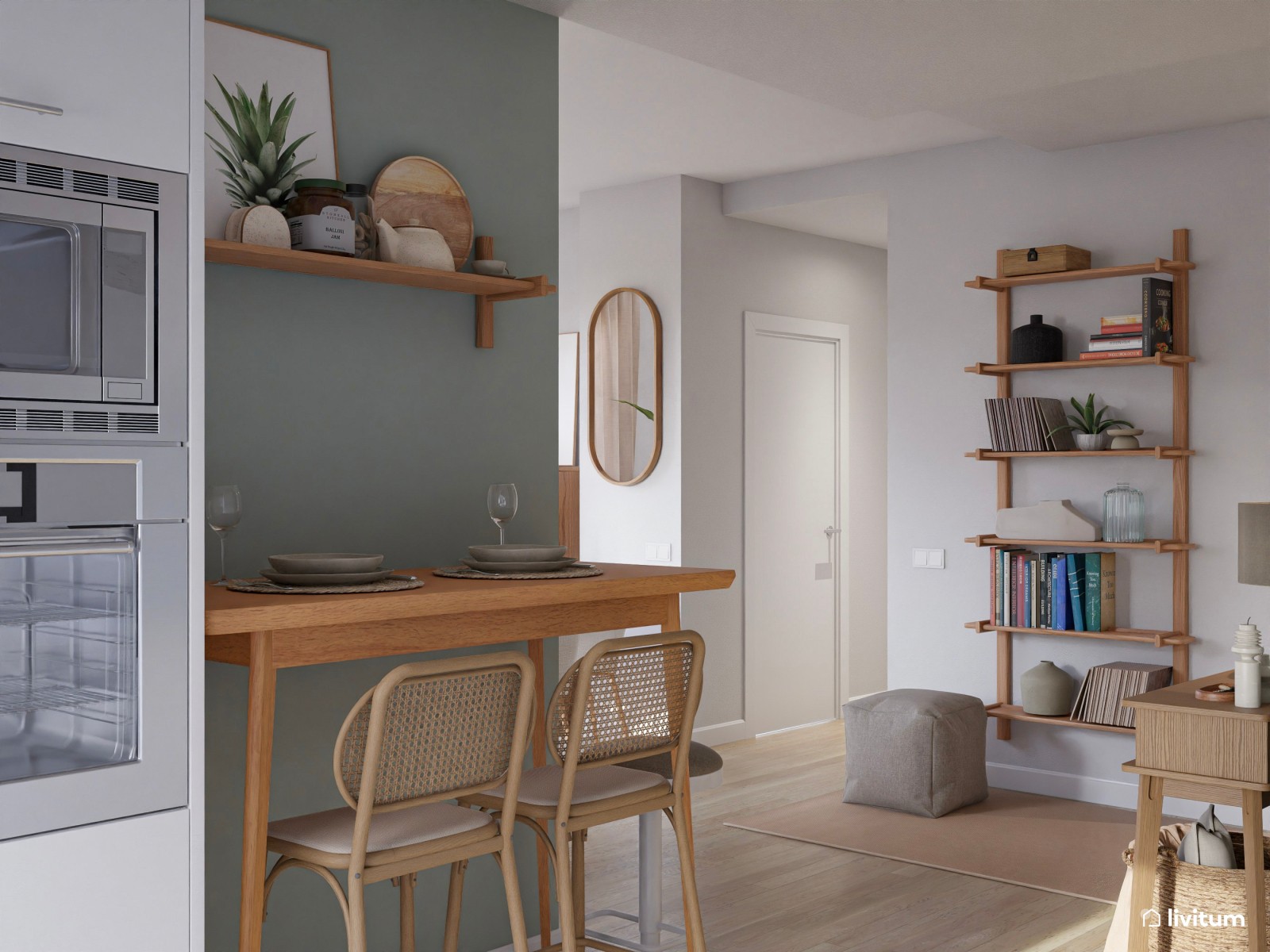 Elegante y estiloso salón comedor nórdico con cocina y recibidor 