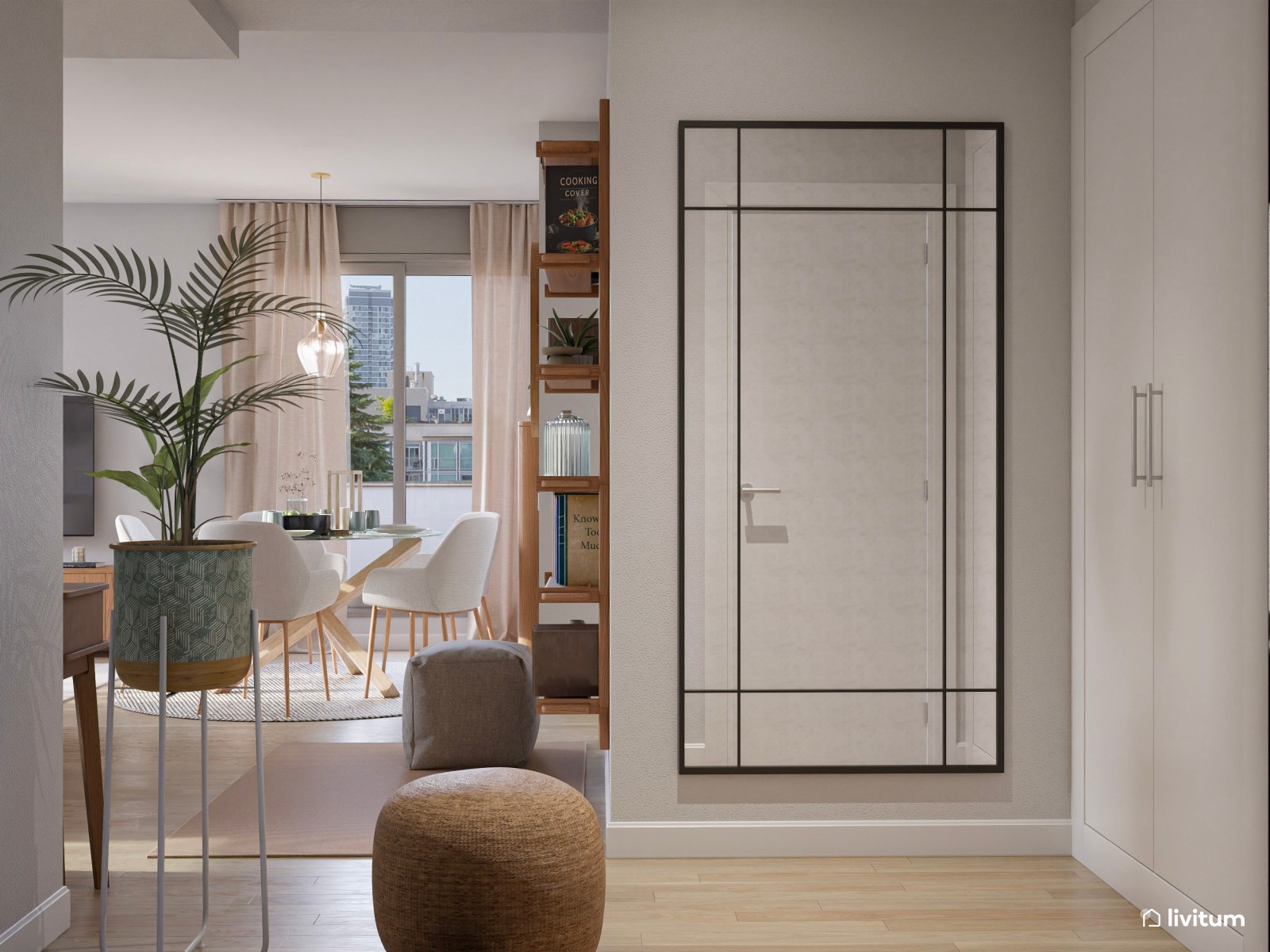 Elegante y estiloso salón comedor nórdico con cocina y recibidor 