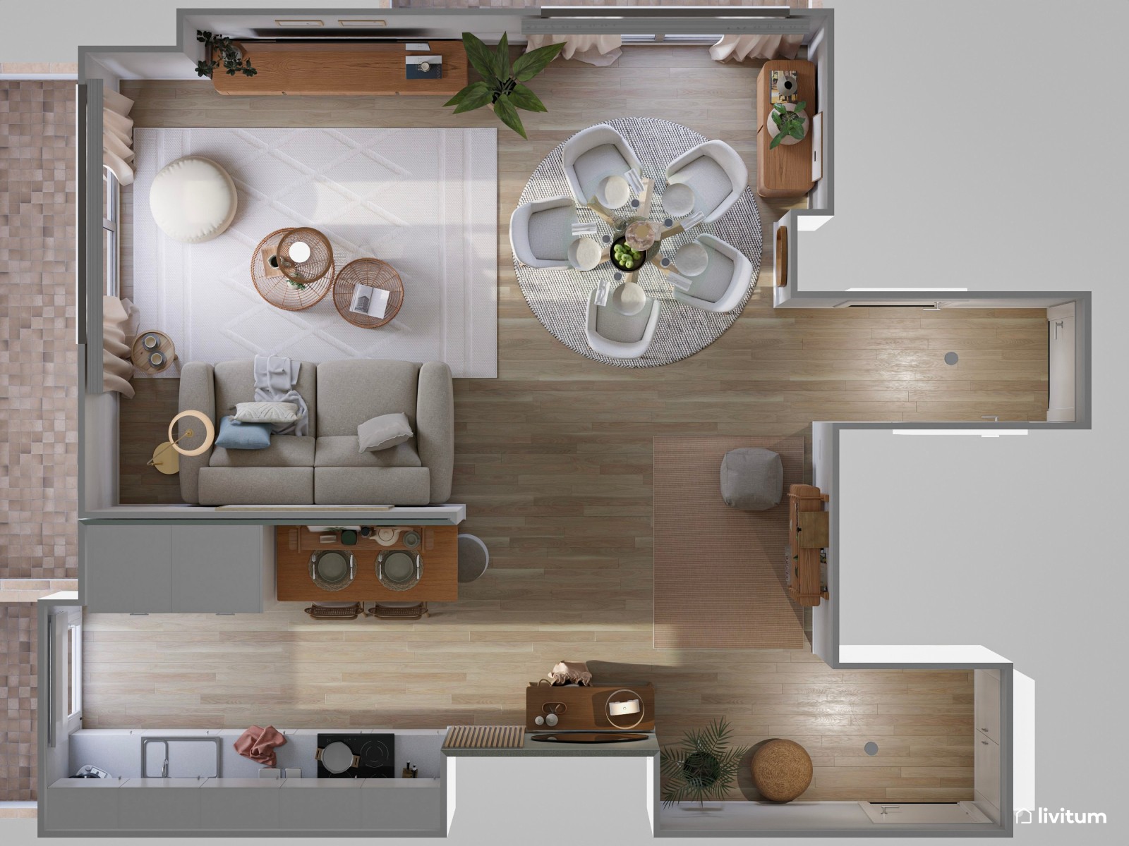 Elegante y estiloso salón comedor nórdico con cocina y recibidor 