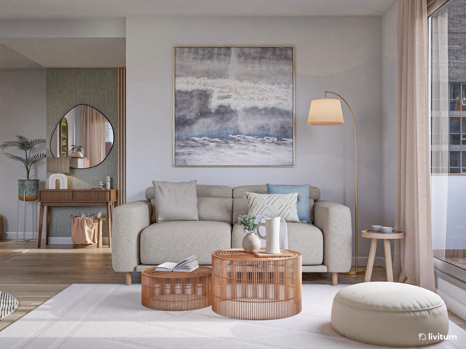 Elegante y estiloso salón comedor nórdico con cocina y recibidor 