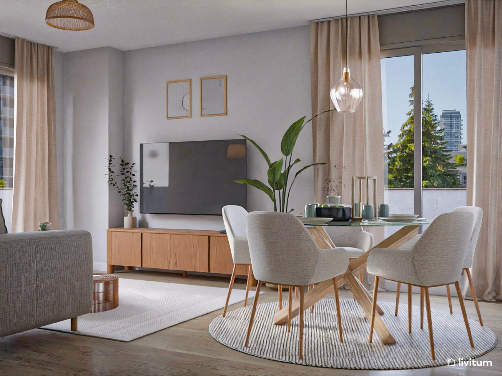 Elegante y estiloso salón comedor nórdico con cocina y recibidor 