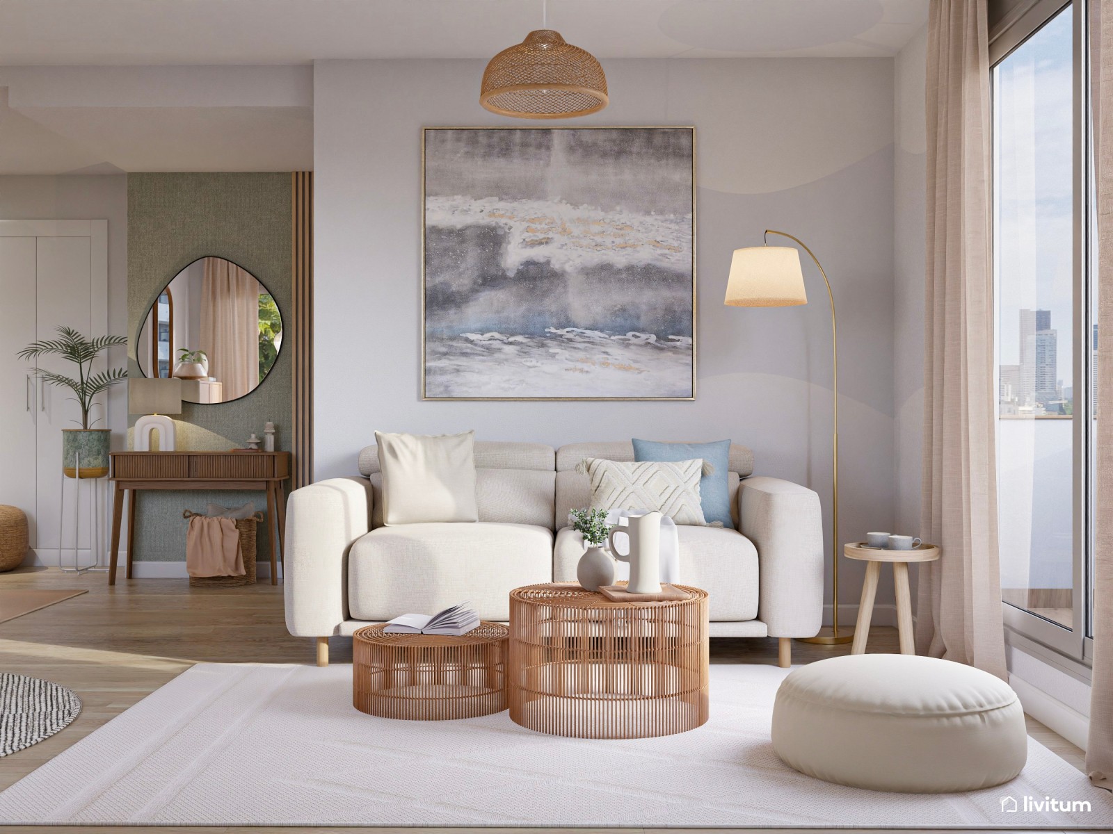 Elegante y estiloso salón comedor nórdico con cocina y recibidor 