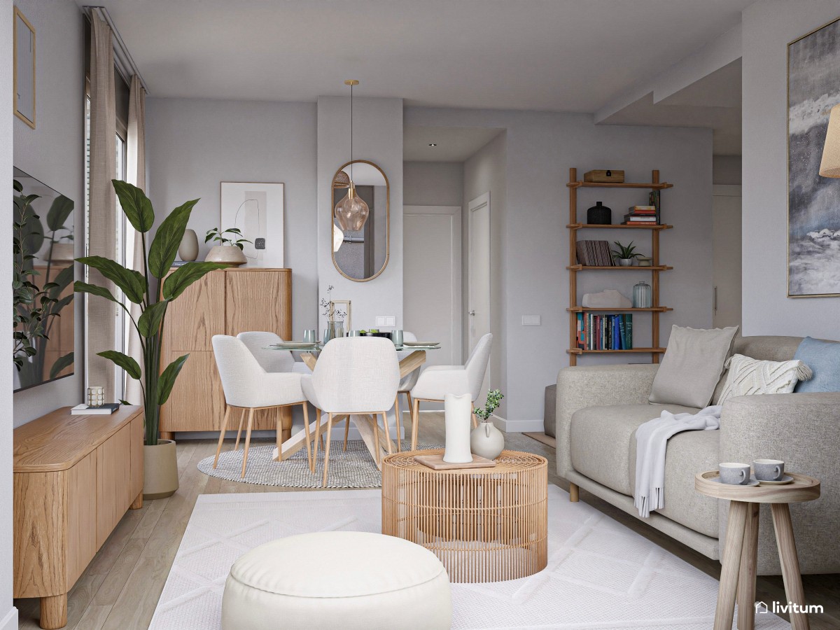 Elegante y estiloso salón comedor nórdico con cocina y recibidor