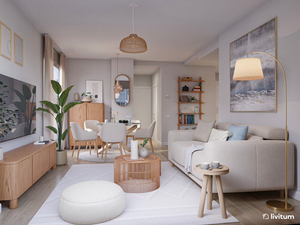 Elegante y estiloso salón comedor nórdico con cocina y recibidor