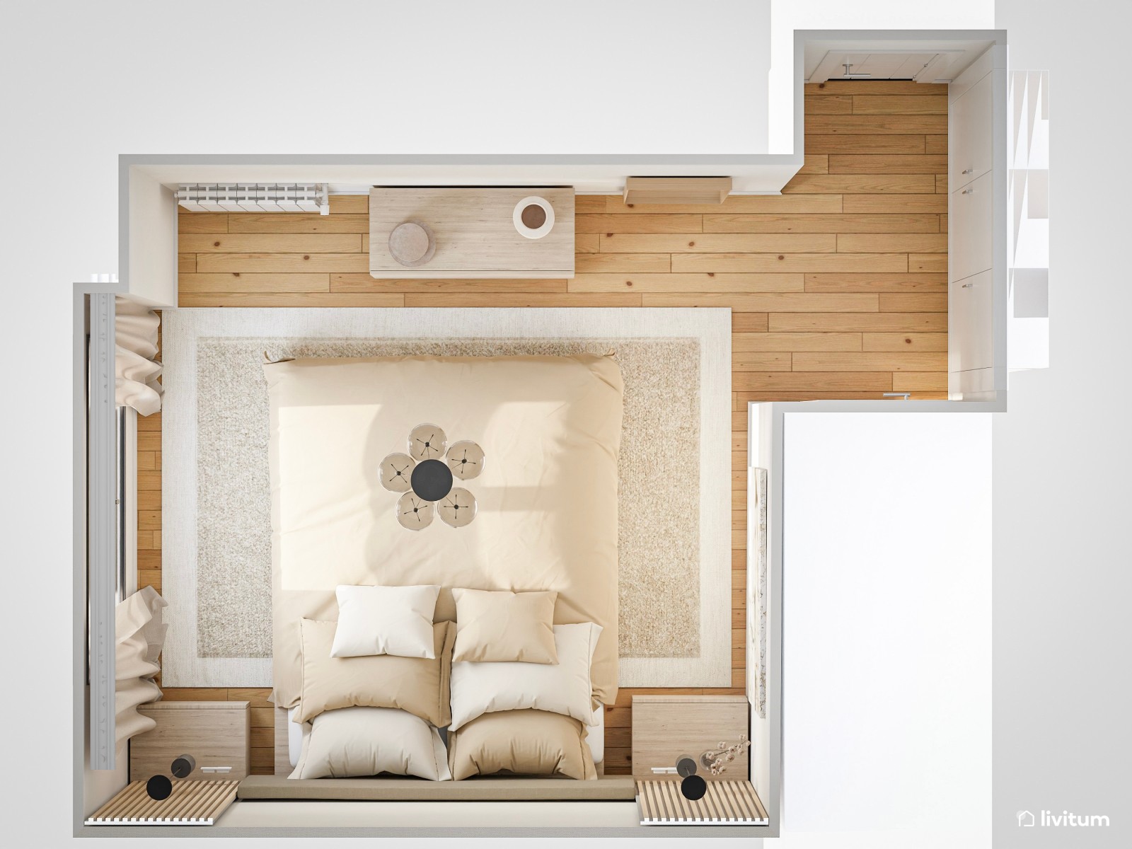 Elegante y moderno dormitorio doble en color crema 