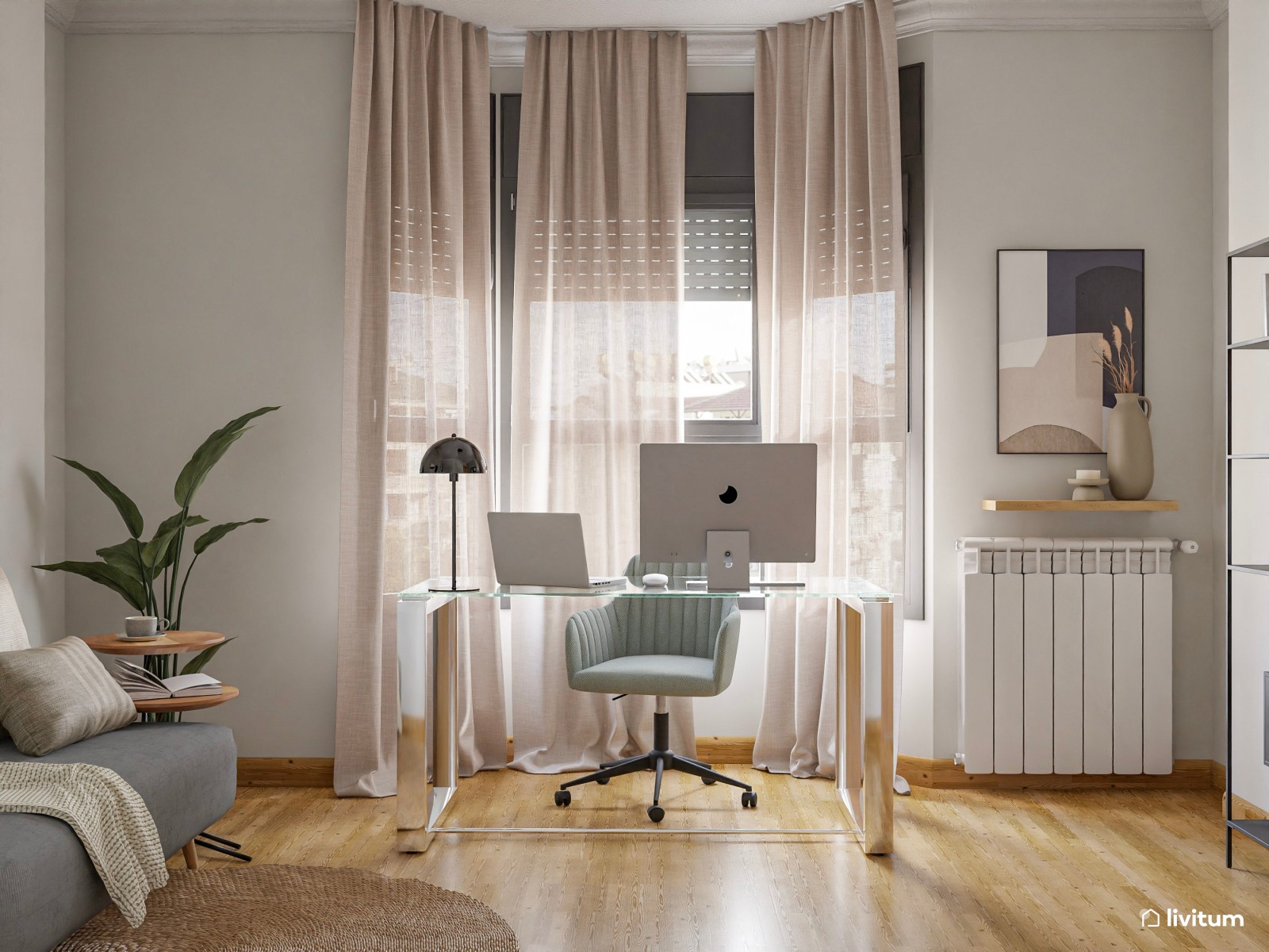 Elegante y moderno estudio con sofá cama y mucha luz natural