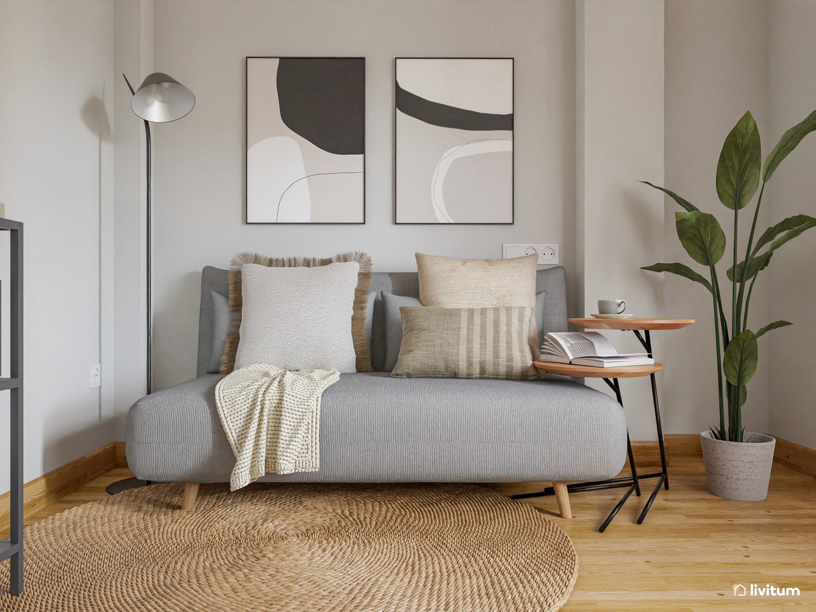 Elegante y moderno estudio con sofá cama y mucha luz natural