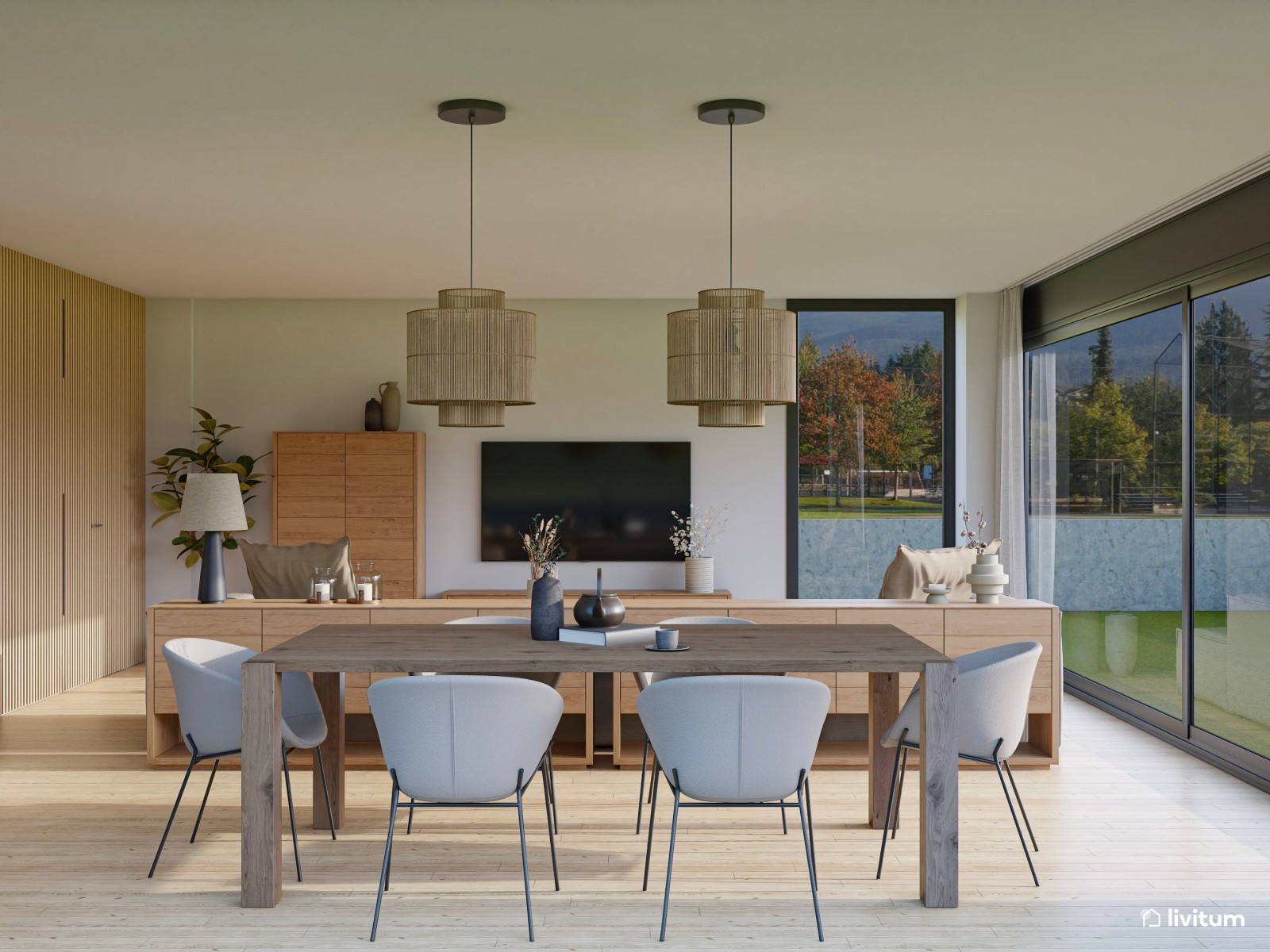  Elegante y moderno salón comedor con revestimiento de palillería