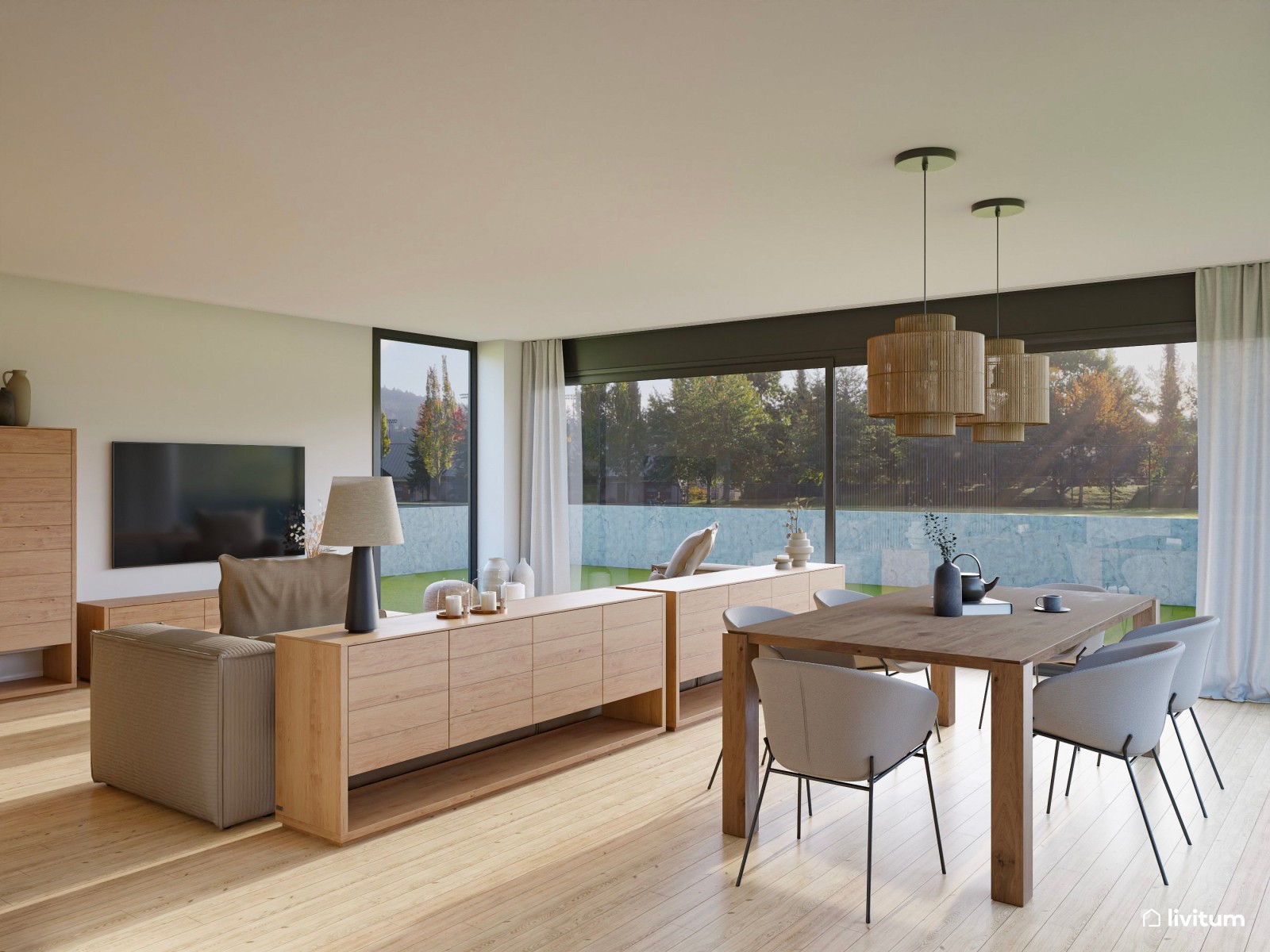  Elegante y moderno salón comedor con revestimiento de palillería