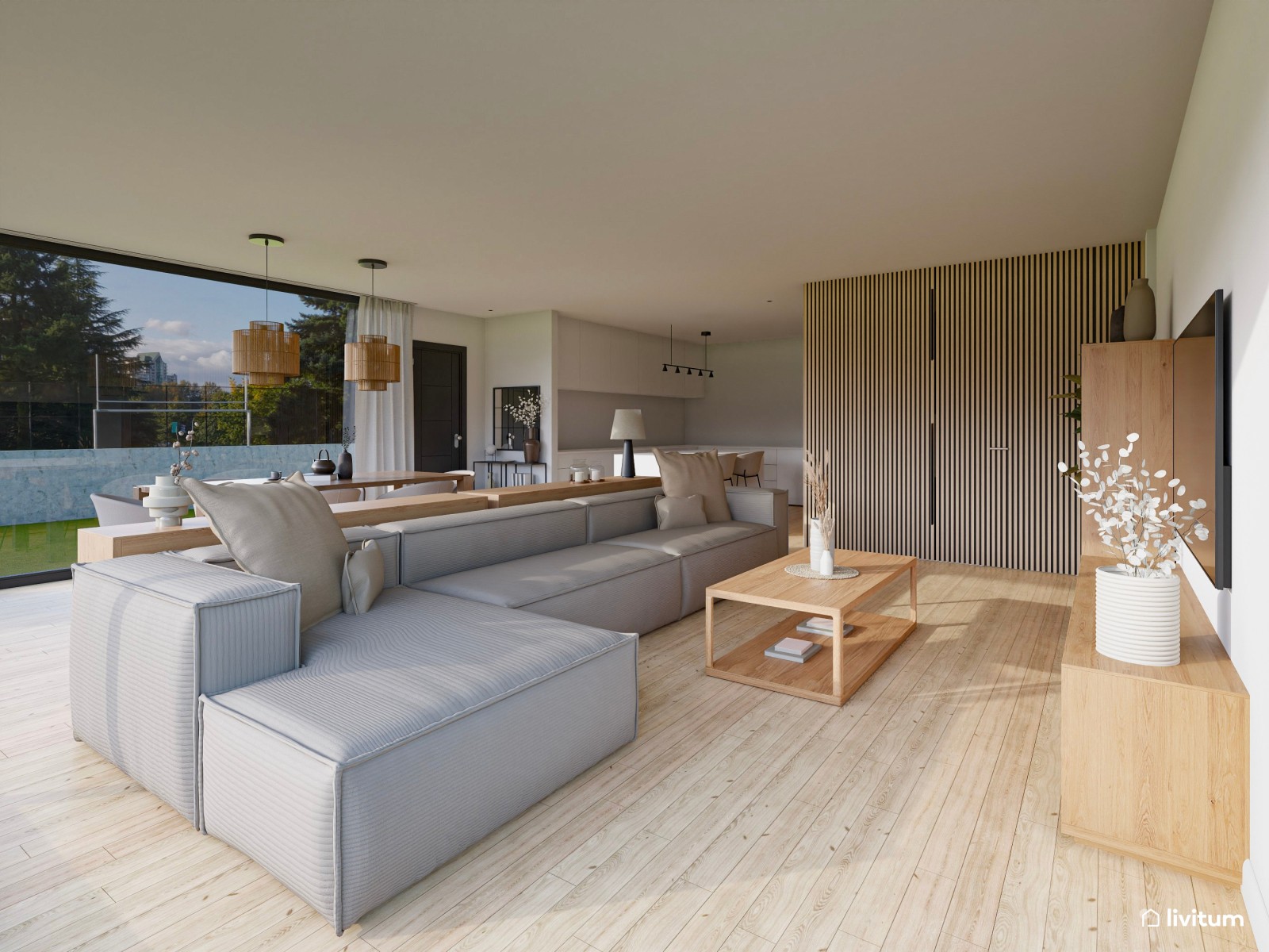  Elegante y moderno salón comedor con revestimiento de palillería