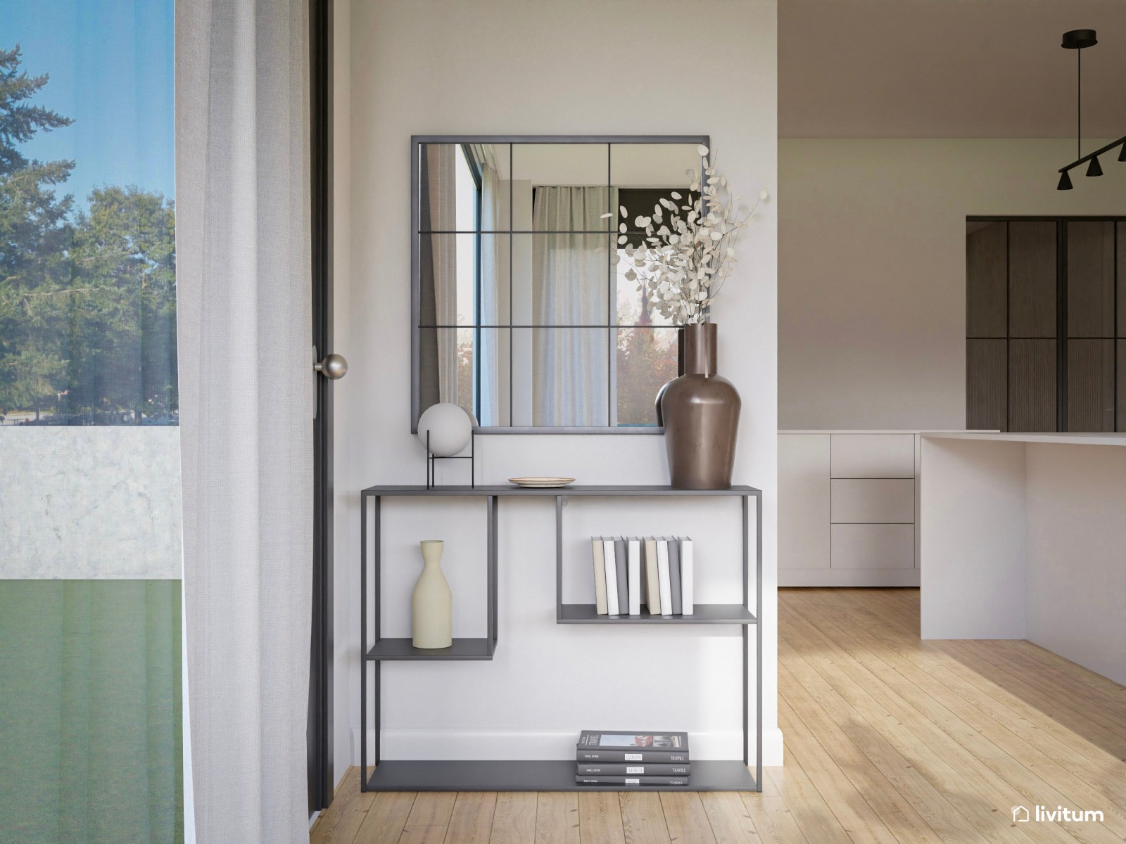  Elegante y moderno salón comedor con revestimiento de palillería