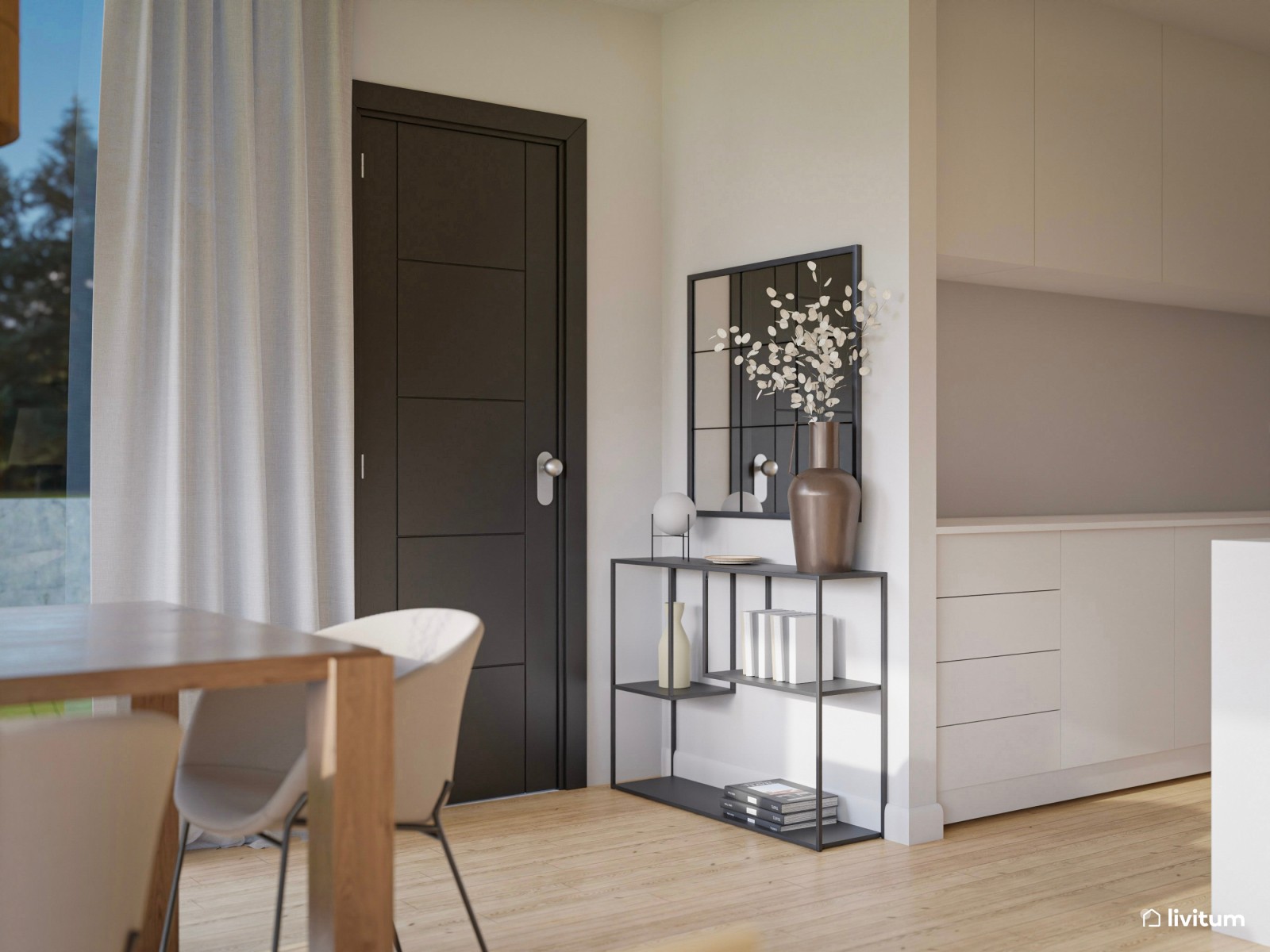  Elegante y moderno salón comedor con revestimiento de palillería