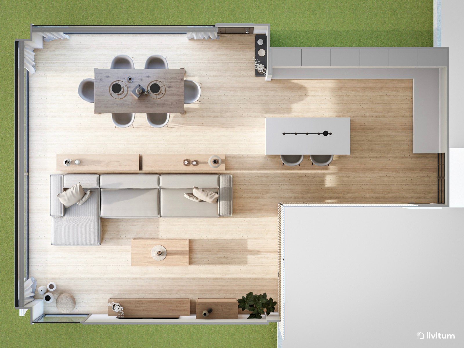  Elegante y moderno salón comedor con revestimiento de palillería