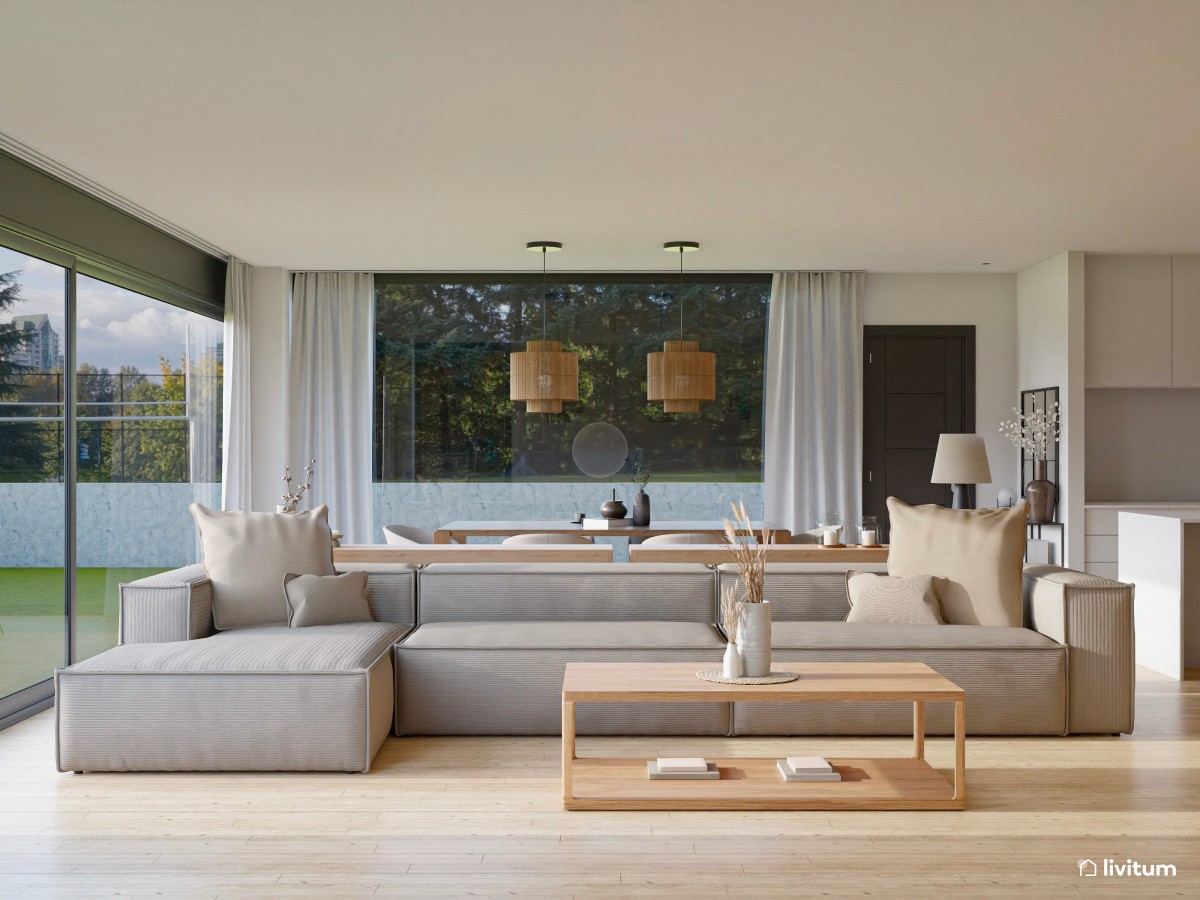 Elegante y moderno salón comedor con revestimiento de palillería