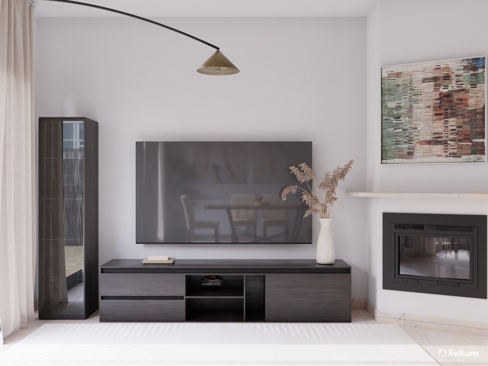 Elegante y moderno salón comedor en blanco y negro 