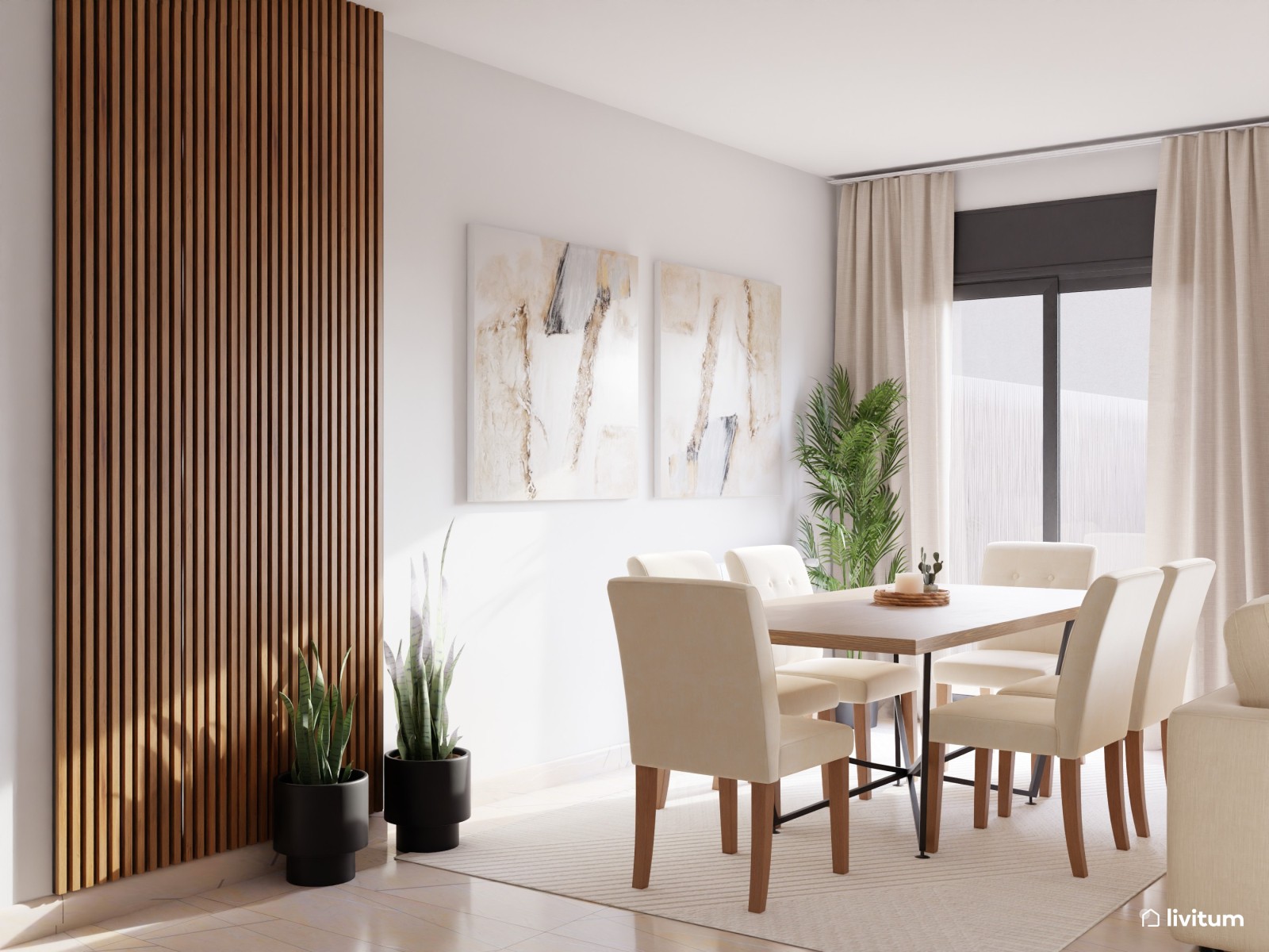 Elegante y moderno salón comedor en blanco y negro 