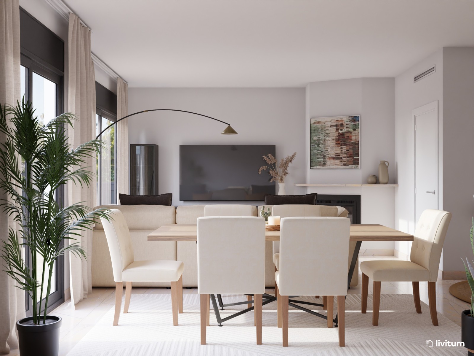 Elegante y moderno salón comedor en blanco y negro 